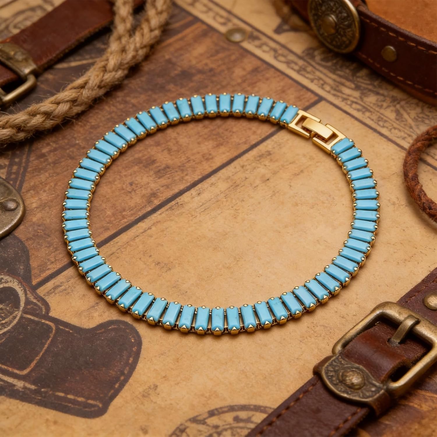 Turquoise Tennis Necklace for Women Turquoise Stone Collar Necklace Gold Finish Statement Jewelry Summer Gifts