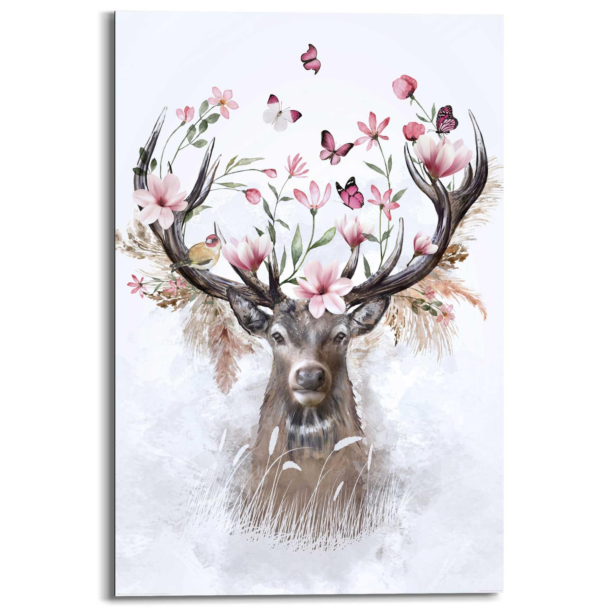 REINDERS Wandbild – Hirsch in Blumen, 90x60 cm, MDF, Rosa