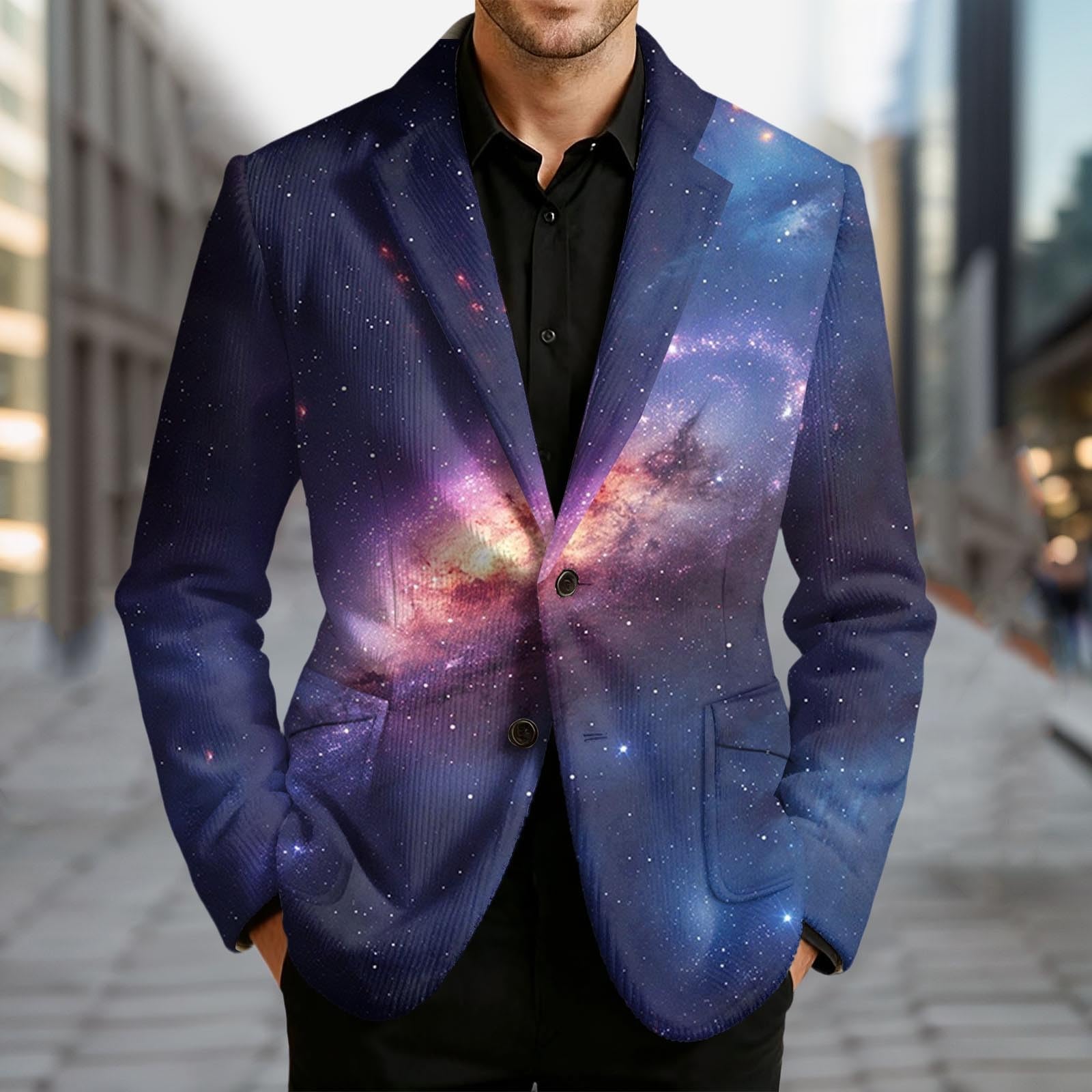 Chaqueta de pana con estampado único de cielo estrellado cósmico, elegante y casual para caballeros modernos.