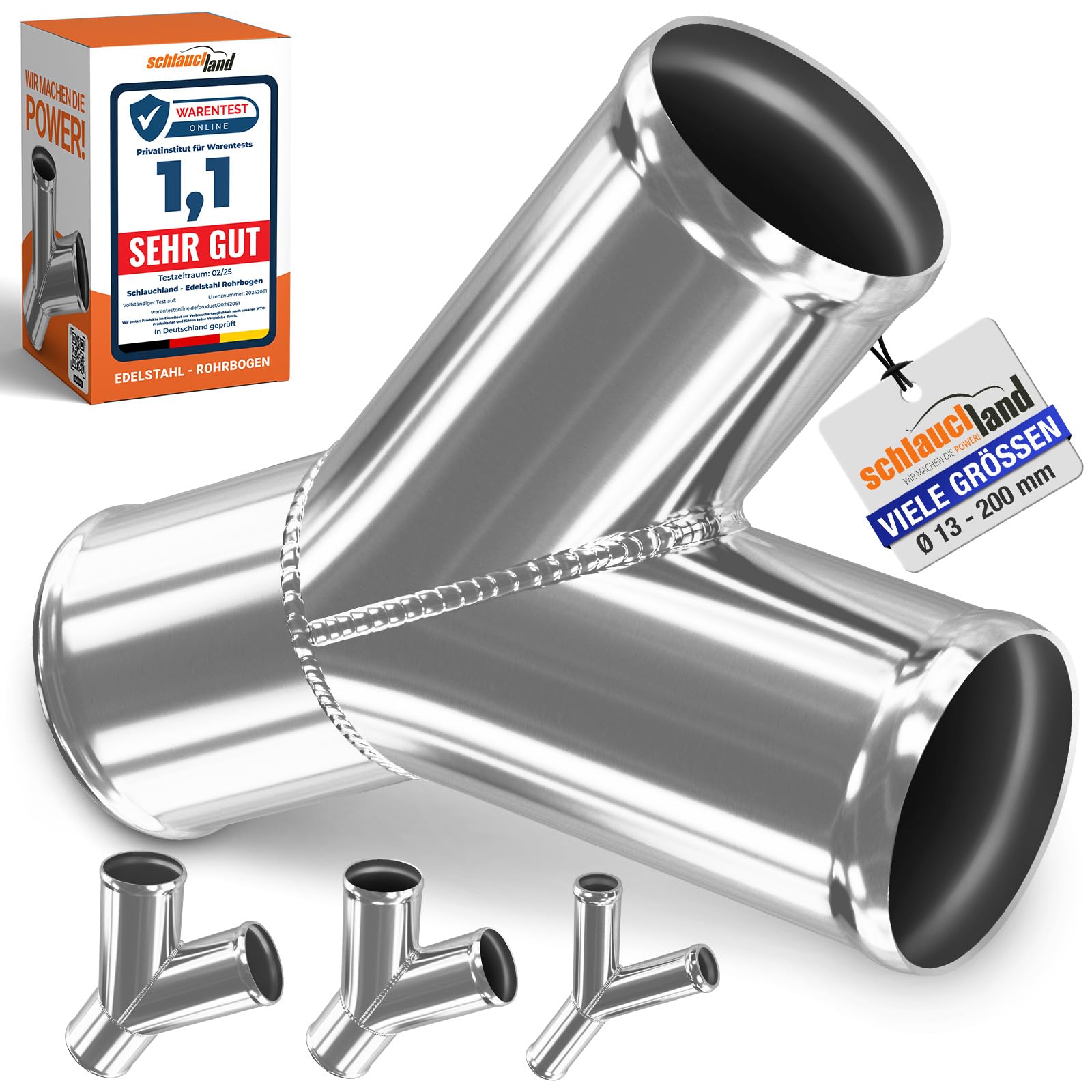 Edelstahl-Rohr Y-VERTEILER AD-Ø 51mm Y STÜCK poliert V2A 1.4301 INOX rostfrei | AUSWAHL GRÖSSEN 25-200mm Außendurchmesser | Abzweig Adapter Splitter Edelstahl T Rohr Motor Schlauch-Verbinder Kupplung