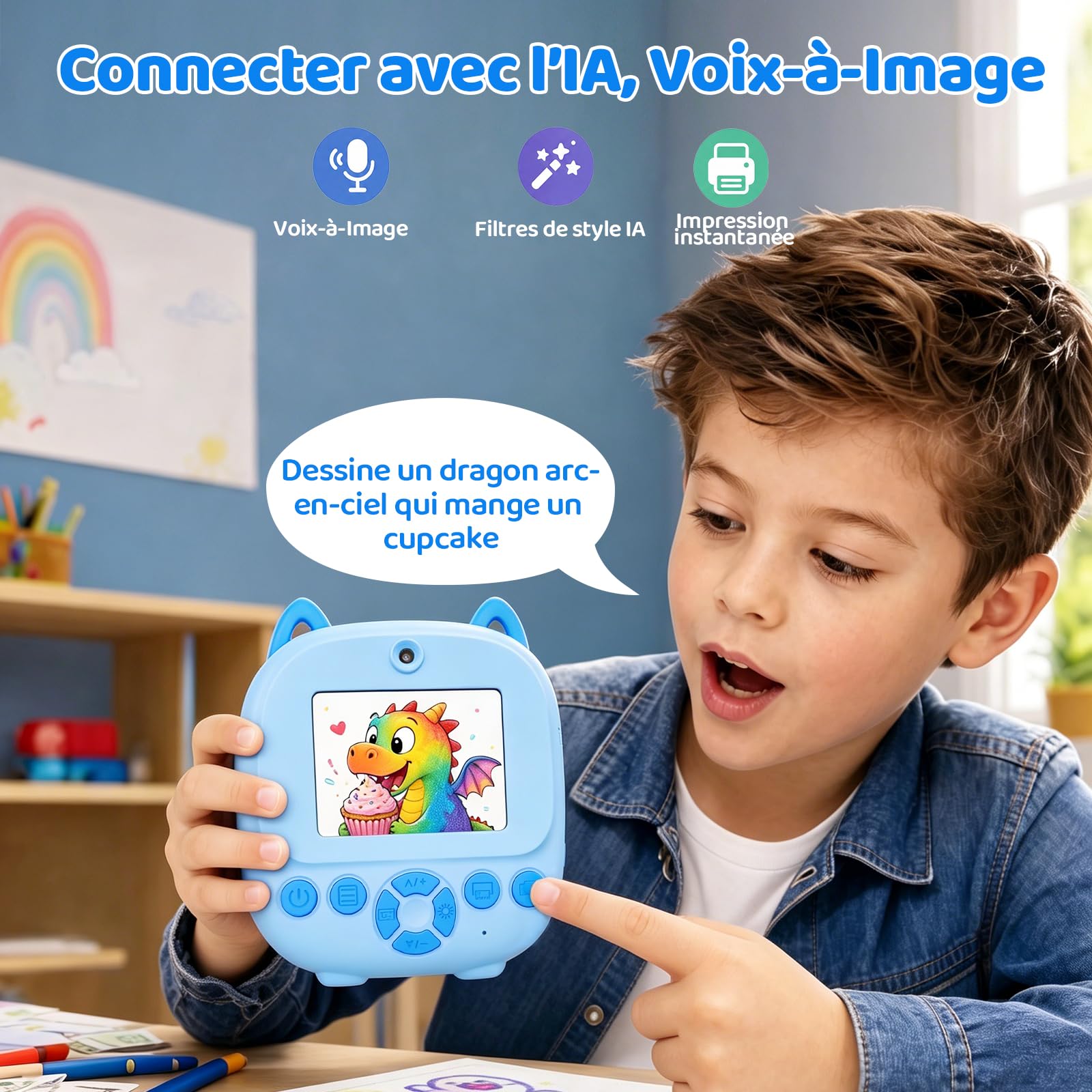 CHAKEYAKE Appareil Photo Instantané Enfants, Appareil Photo Numérique Écran de 2,4 Pouces avec Imprimante Vocale IA, Contrôle Vocal, Reconnaissance d' Objets et de Mots, Q&R, Créatifs & Filtres