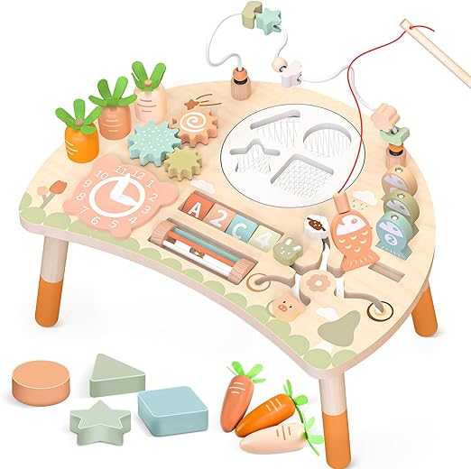 Activity Table for 1+ Year Old, 9-in-1 Montessori Wooden Sensory Play Table with Shape Sorter Fishing Game Bead Maze, Baby Activity Center Learning Toys for Toddler 12-18 Months