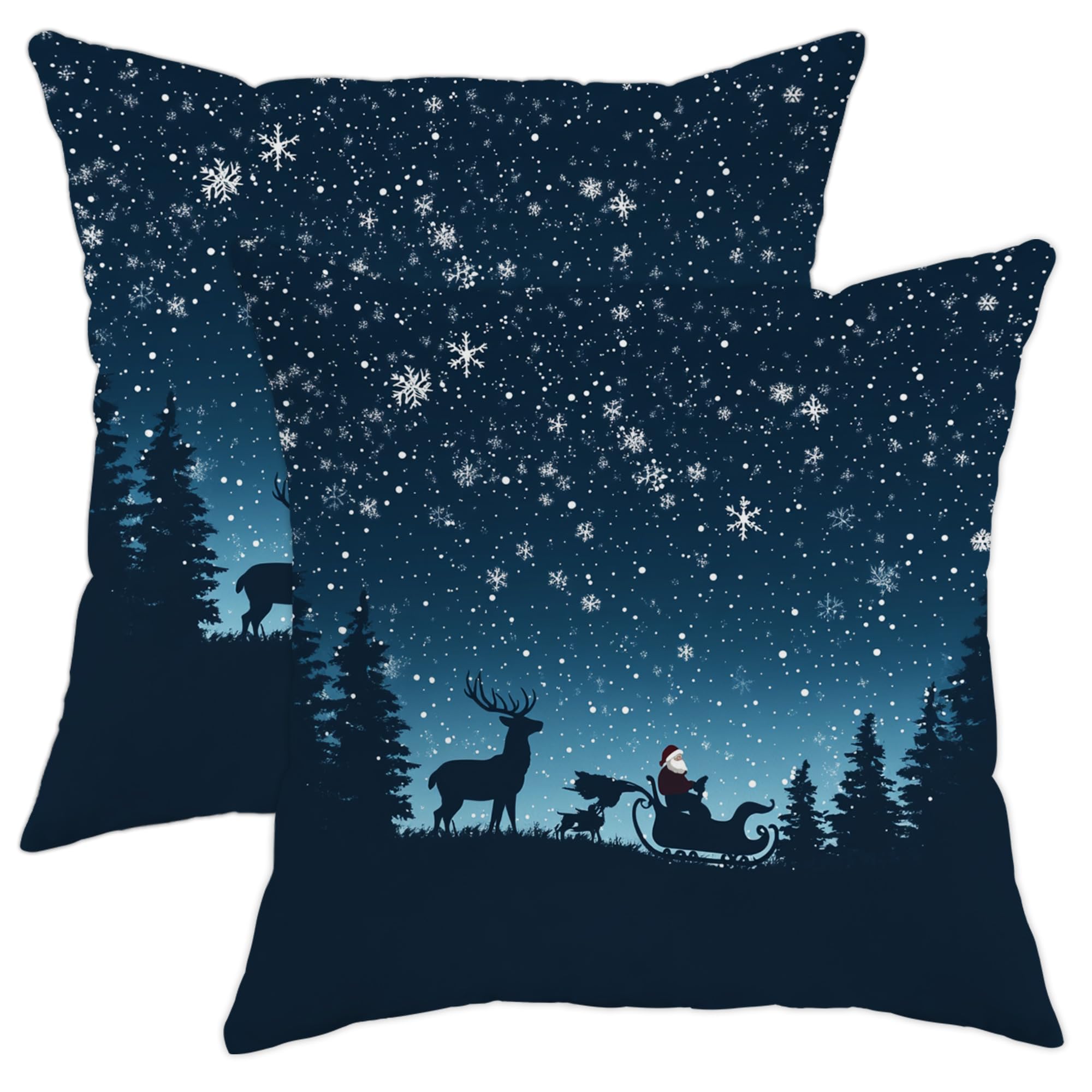 Snowy Night Santa Throw Pillow Covers, Dark Blue Winter Holiday Cushion Case, Cozy Xmas Decoration for Home Sofa Bedroom Living Room 18x18 Inch