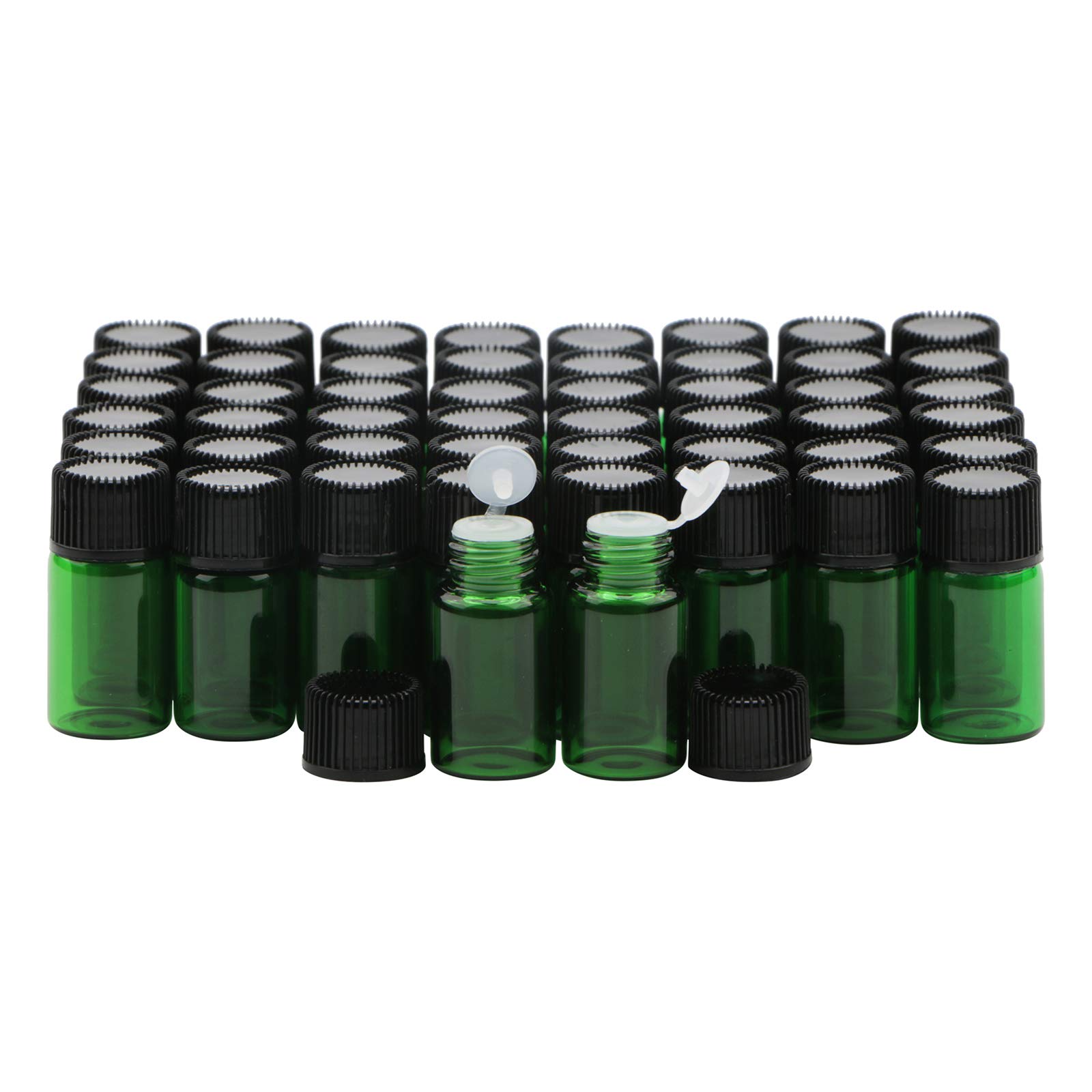 Rowiz Green 50Pcs 3Ml Glass Essential Oil Bottle Small Sample Jars With Orifice Reducers For Dispensing Reagent Sample Perfume Essential Oil,