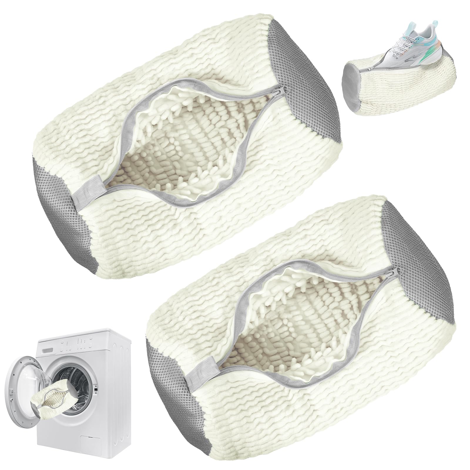 Zorplex 2 Pezzi Sacchetto Scarpe Lavatrice, Borsa da Bucato Riutilizzabile in Tessuto Resistente con Cerniera Nascosta, Scarpe Sportive, Pulizia 360° per Sneakers, Scarpe a Rete (2 Bianco)