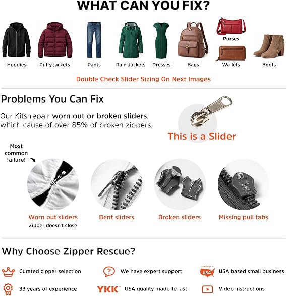 Zipper Rescue Clothing Zipper Repair Kit - The Original Zipper Pull Replacement kit for Hoodies, Pants, Handbags - Included 11 Metal Sliders, 4 End Stops, 6 Top Stops - Made in America Since 1993