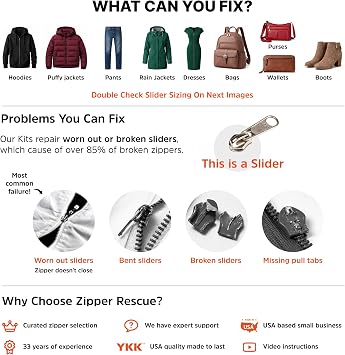 Zipper Rescue Clothing Zipper Repair Kit - The Original Zipper Pull Replacement kit for Hoodies, Pants, Handbags - Included 11 Metal Sliders, 4 End Stops, 6 Top Stops - Made in America Since 1993