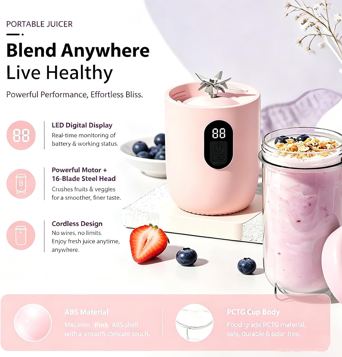 Portable Blender, Rechargeable Smoothie Blender with One‑Touch Button