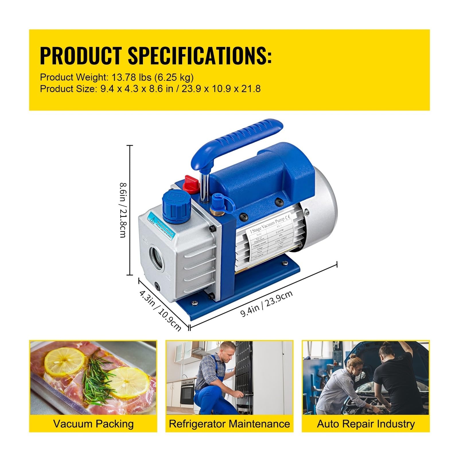 Bomba de vacío, Bomba de vacío de refrigeración de 1 etapa con/sin manómetro 1.8CFM-12CFM Refrigerante Aire acondicionado HVAC Mantenimiento(2.5CFM 1-4HP)