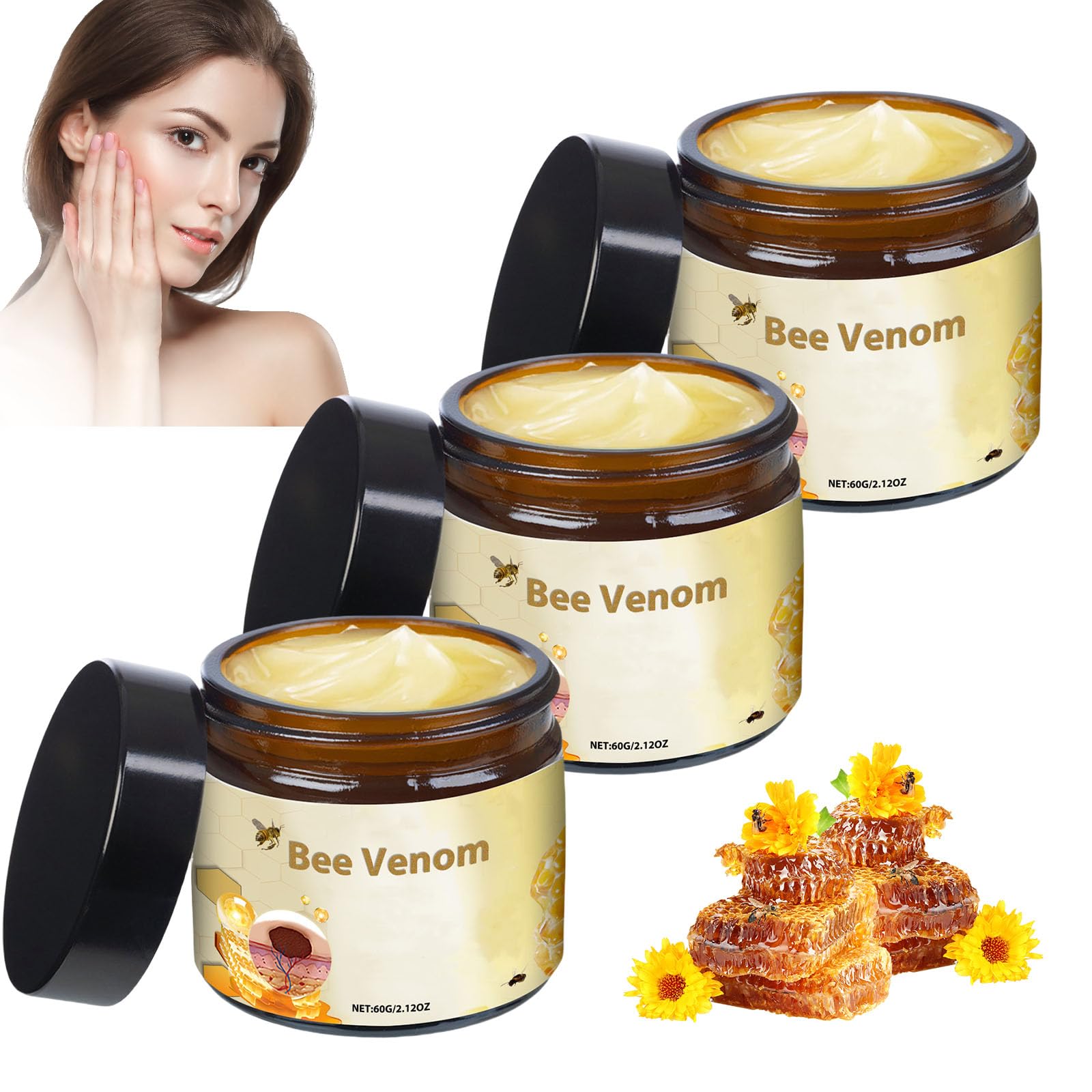 zhnnt Bee Venom Cream, New Professional Bee Venom Repair Cream, Bee Venom Cream for All Skin Types，Moisturizing (3 Pack)