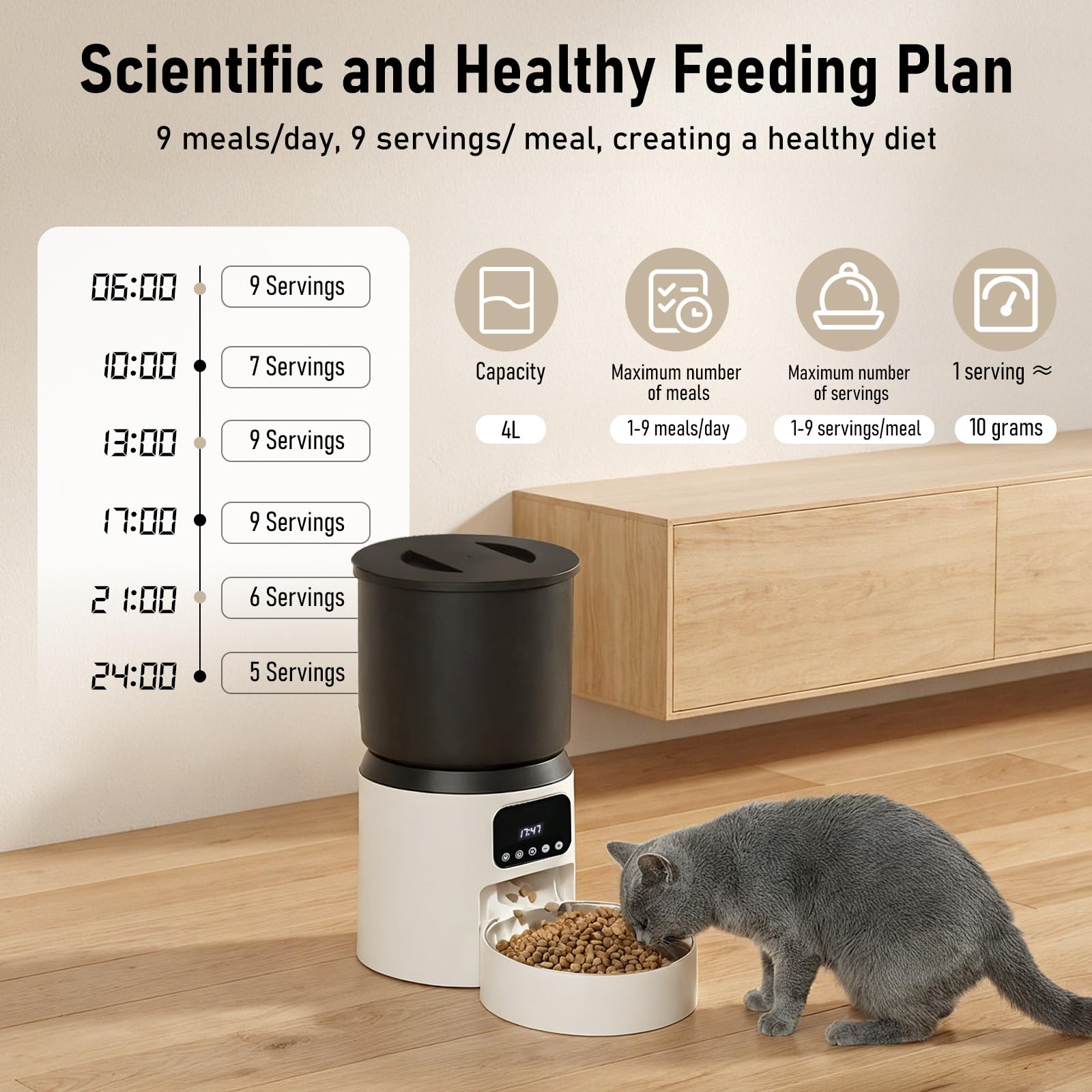 Comedero Gato Automatico, 4L Dispensador Comida Gatos y Perros, Comedero Automático para Gatos con Temporizador Programable, 1-9 Comidas al Día, Liofilizados Compatibles, para Perros/Gatos