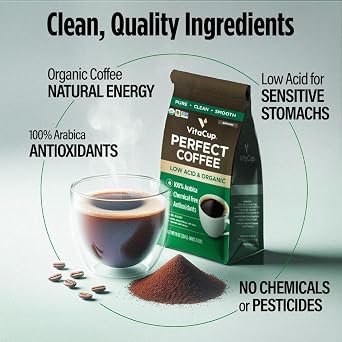 VitaCup Perfect Low Acid USDA Organic Coffee Ground, Fair Trade, 10oz | Dark Roast, Single Origin, French Press, Drip Coffee Brewers, Mycotoxin Free