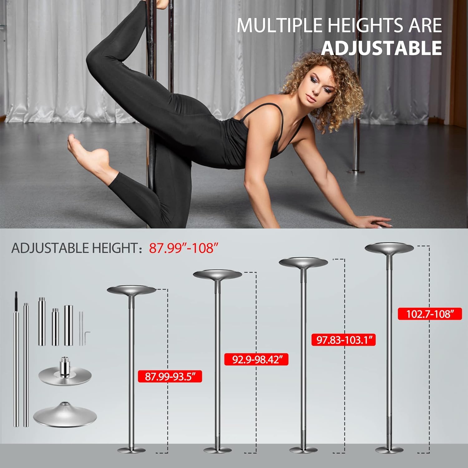 Barra Pole Dance,Pole Dance Profesional de Acero Inoxidable, Barra de Bailegiratoria o Fija, Desmontable, con Juego de Herramientas, para Hogar Club