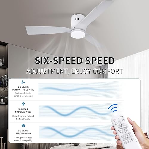 Miniatura 5 de Wozzio Ventilador de techo empotrado de 52 pulgadas, color blanco, con control remoto, luz LED regulable de 22 W, motor de CC, 6 velocidades,
