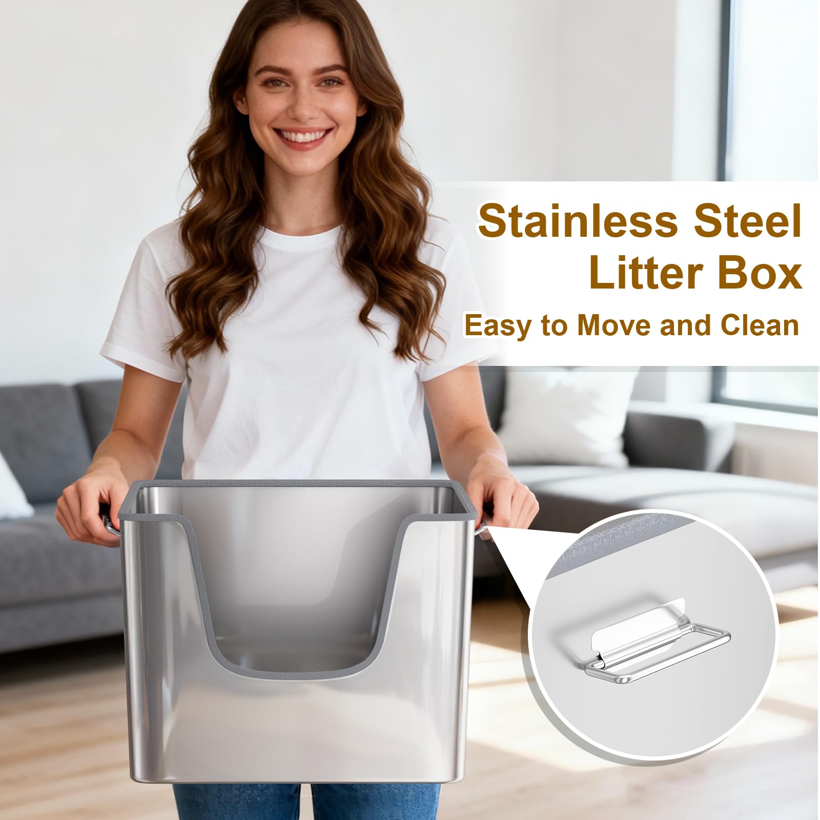 XXL Stainless Steel Cat Litter Box with High Side,No Sharp Edges for Big Cats,One-Piece Deep Metal Litter Box with Curved Low Entry,Anti-Leakage,Non-Sticky,Easy Cleaning(Side Entry) - image 7