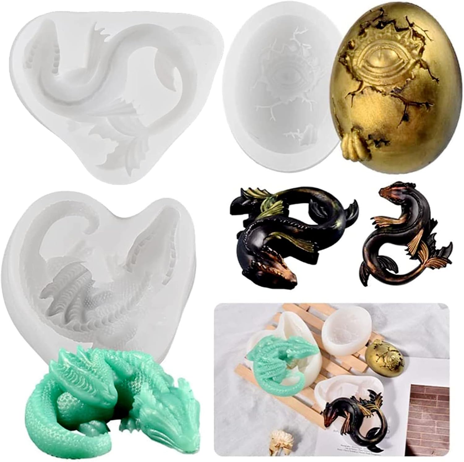 Dragon Silicone Molds for Resin, Dragon Egg Shaped Silicone Mold for Baking, Fondant Cake Decorating, Candle Soap Making, Epoxy Resin Casting, Home Decor (3PCS)