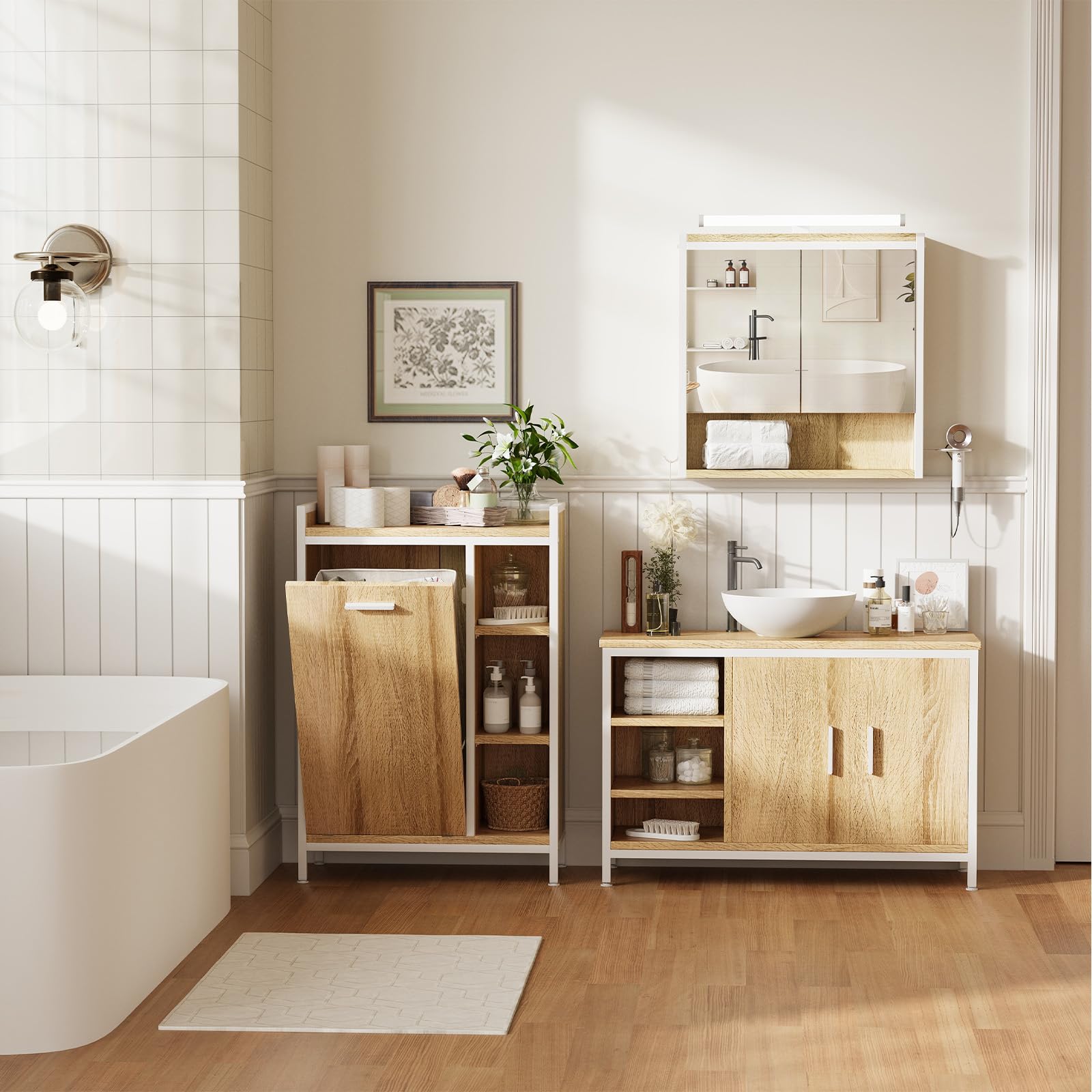 ELUCHANG Armario de Baño con Cesto Ropa Sucia 50L, Mueble de Baño 2 en 1 con 3 Divisiones Ajustables, Bolsa Extraíble Lavable, para Baño y Lavadero, 63x30x91cm, Roble Claro + Blanco