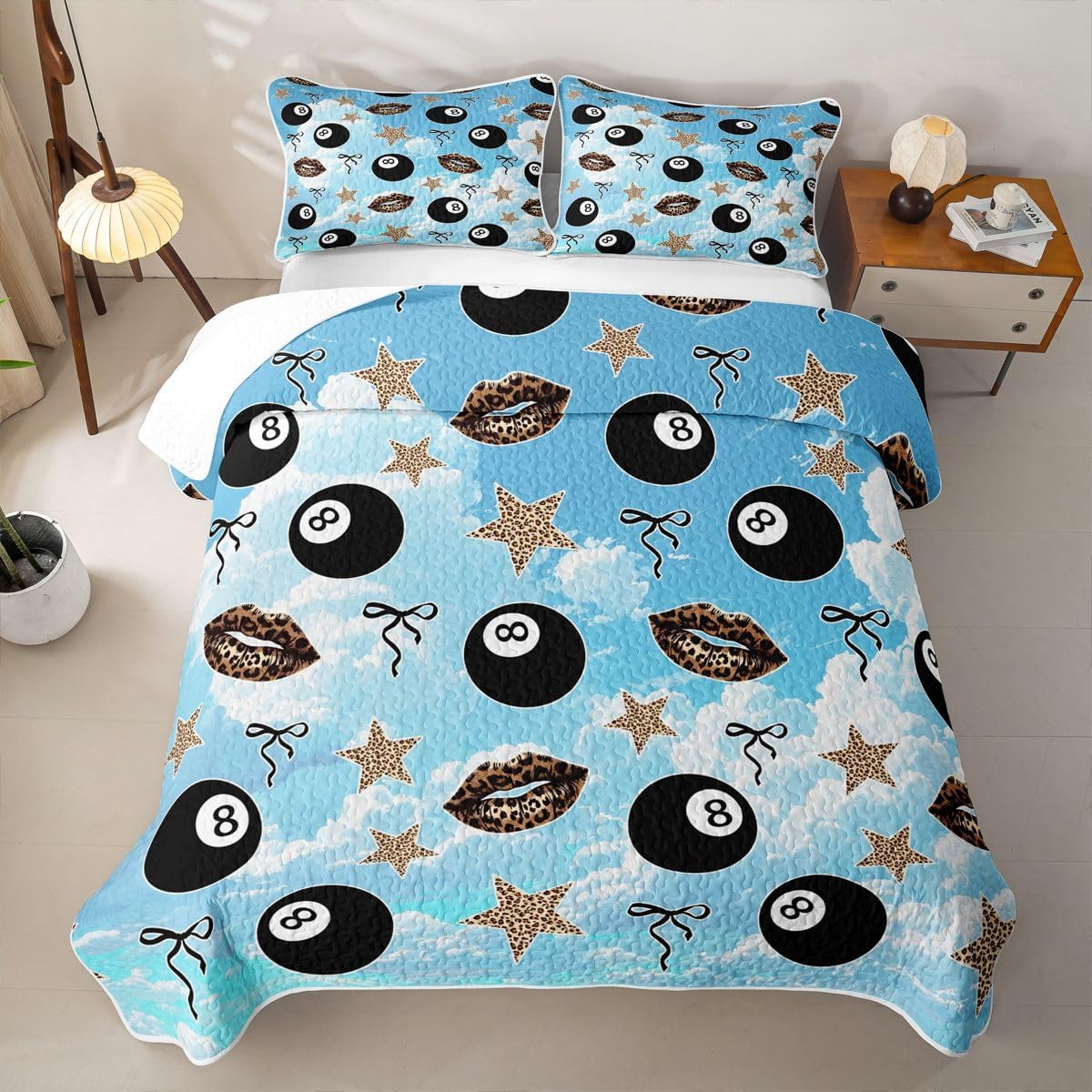 jejeloiu Lucky 8 Ball Quilt Sets Queen Size Lips Stars Bows Print Kids Boys Girls Quilts with 2 Pillowcases Soft Blue Cloud Bedspread Coverlet Set Y2K Aesthetic Lightweight Bedding