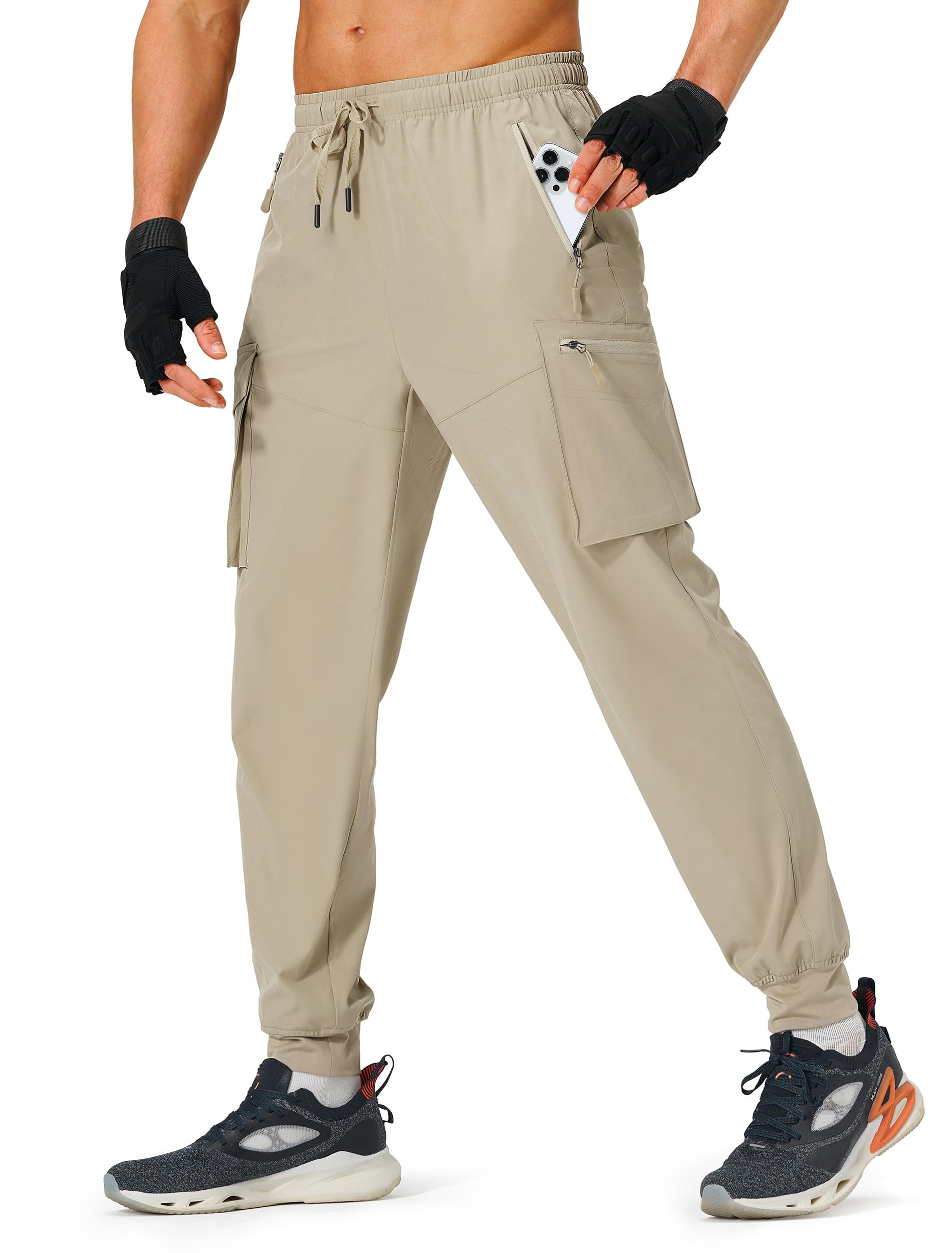 S Spowind Men's Hiking Pants Cargo Lightweight Quick Dry Elastic Waist Golf Joggers with Zipper Pockets Water Resistant
