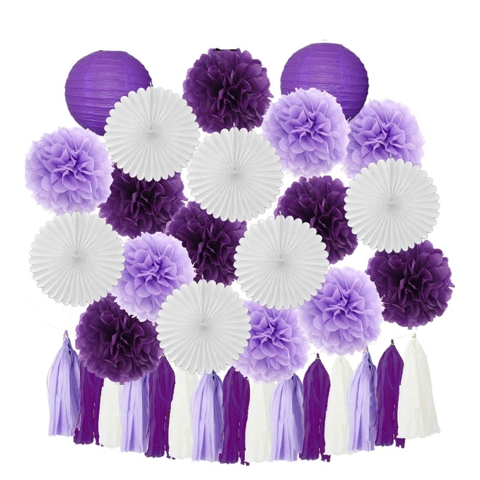 Paper Lanterns Boy Birthday Party Favor Hanging Paper Lantern Fan Wedding Decor Blue White Set Tissue Pompom Tassel(Purple Set)