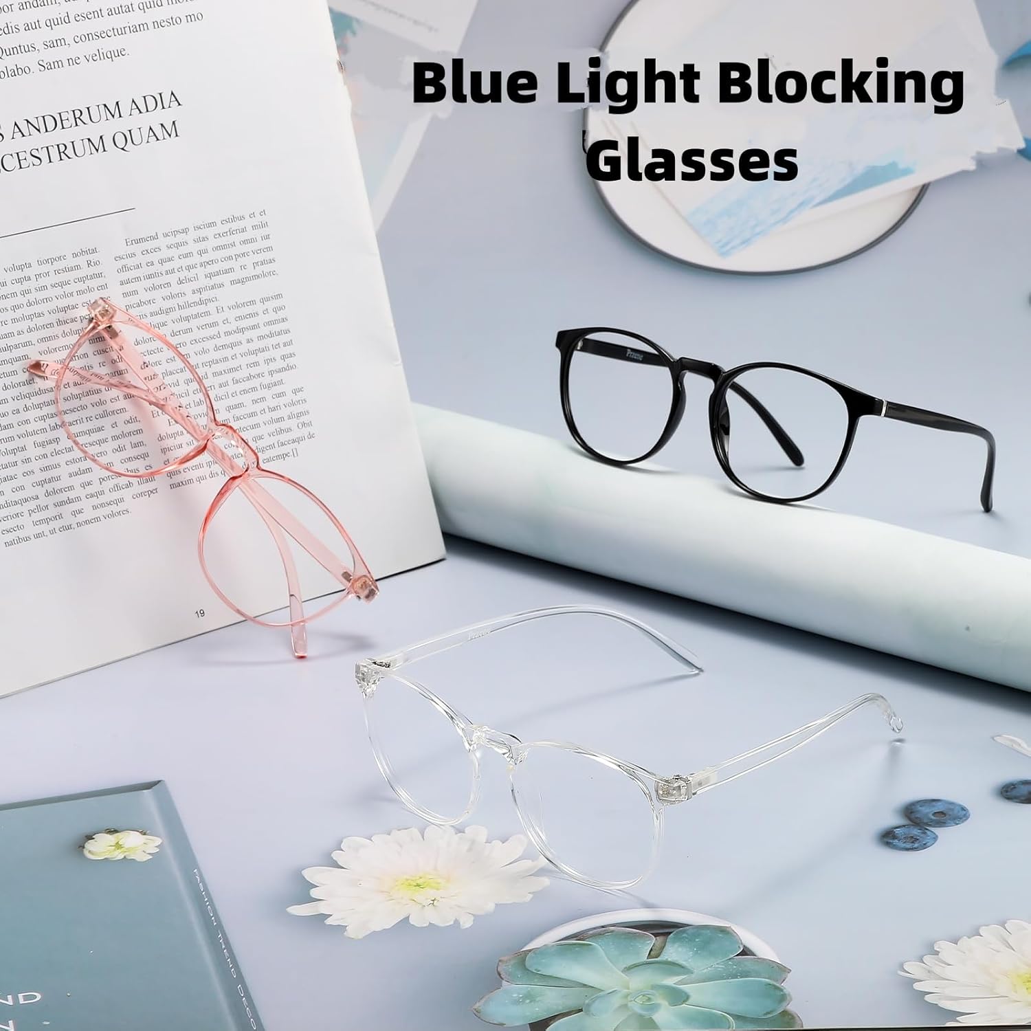 Przene 3 Pack Blue Light Blocking Glasses Women/Men,Retro Round Computer Glasses Anti Eye Strain/UV/Glare, Gaming Glasses. (Black/Crystal/Pink) - Image 3