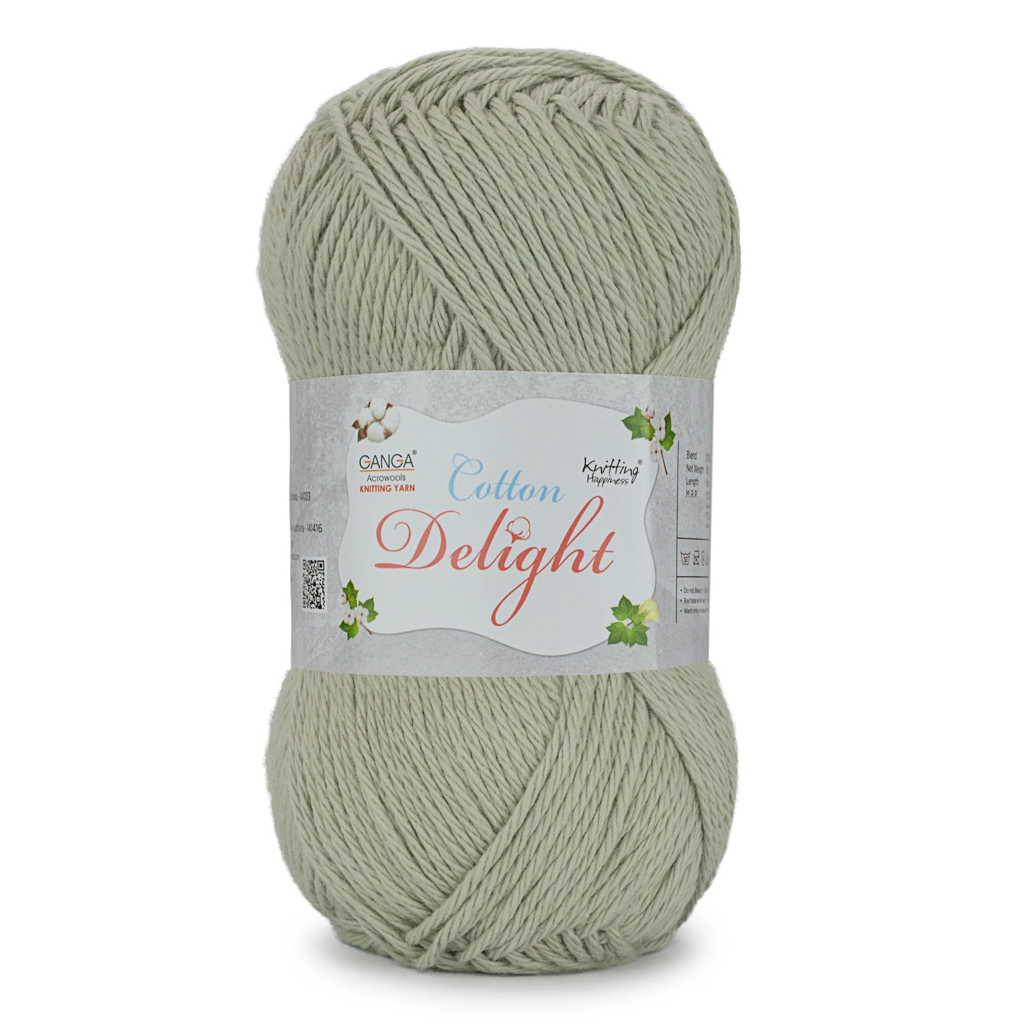 Ganga Acrowools Cotton Delight, Dk Weight Cotton Yarn, Oekotex Class L Certified 100G, 169M (Greenish Gray)