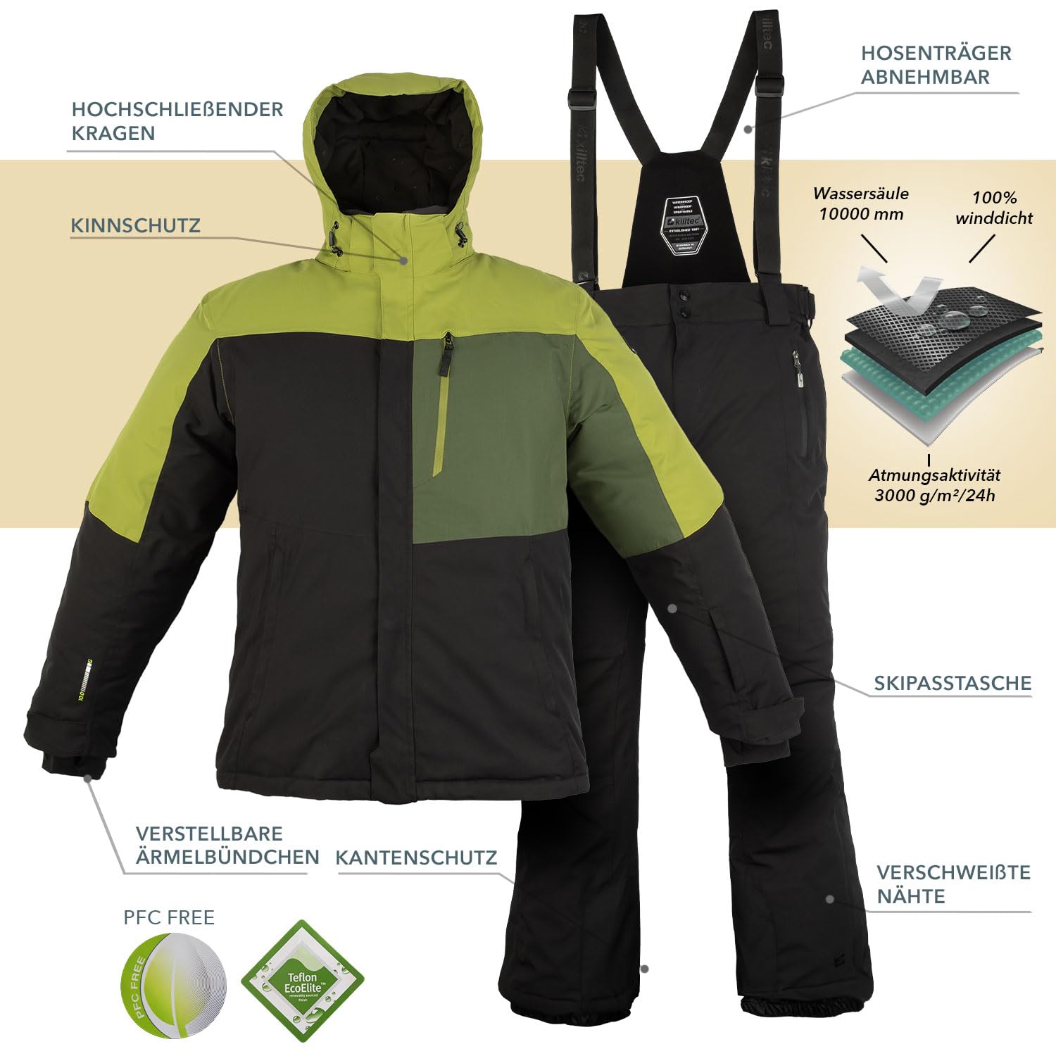 Killtec Herren Skianzug - aus Skijacke und Skihose - mit 10000mm Wassersäule - wasserdicht, winddicht, atmungsaktiv