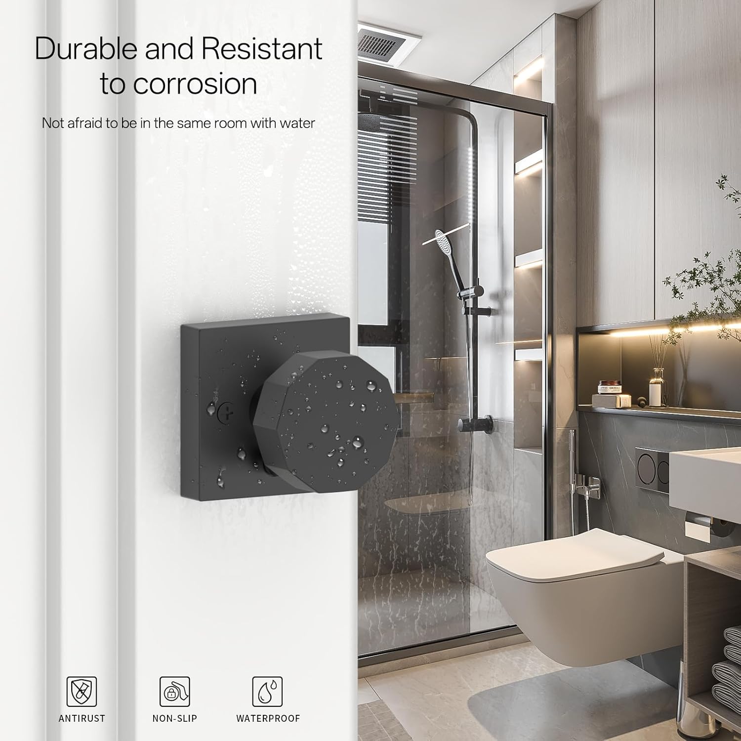 Amerdeco 3 Pack Privacy Door Knobs Matte Black Door Knobs Interior Heavy Duty Bedroom and Bathroom Door Locks Square Base Round Door Knob AM0026