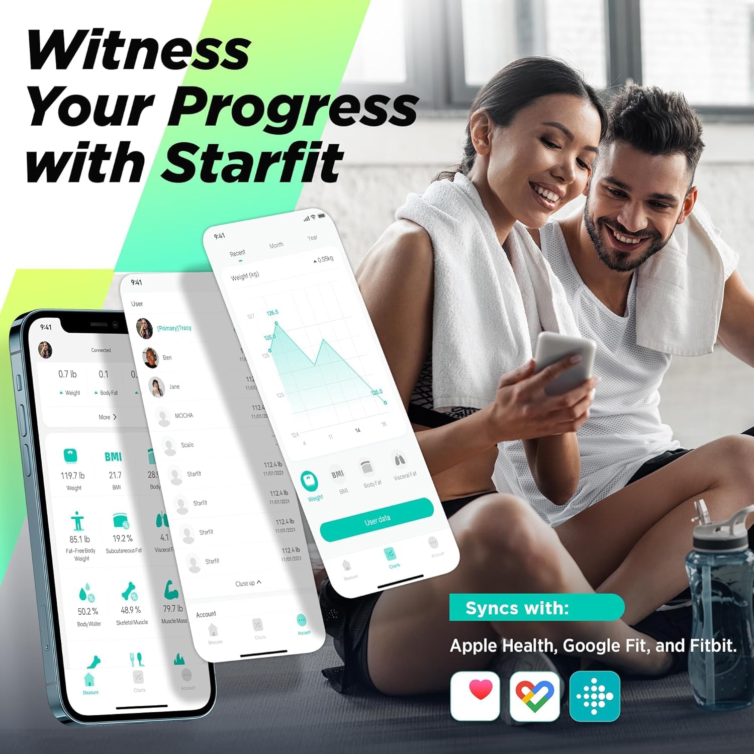 RunStar Bilancia Pesapersone Digitale Runstar, Bilancia Smart Peso Corporeo/Percentuale Grasso, Ampio Display BMI, FC, Analizza 15 Dati Composizione Corporea, Analyzer Sync Fitness App, 400lb