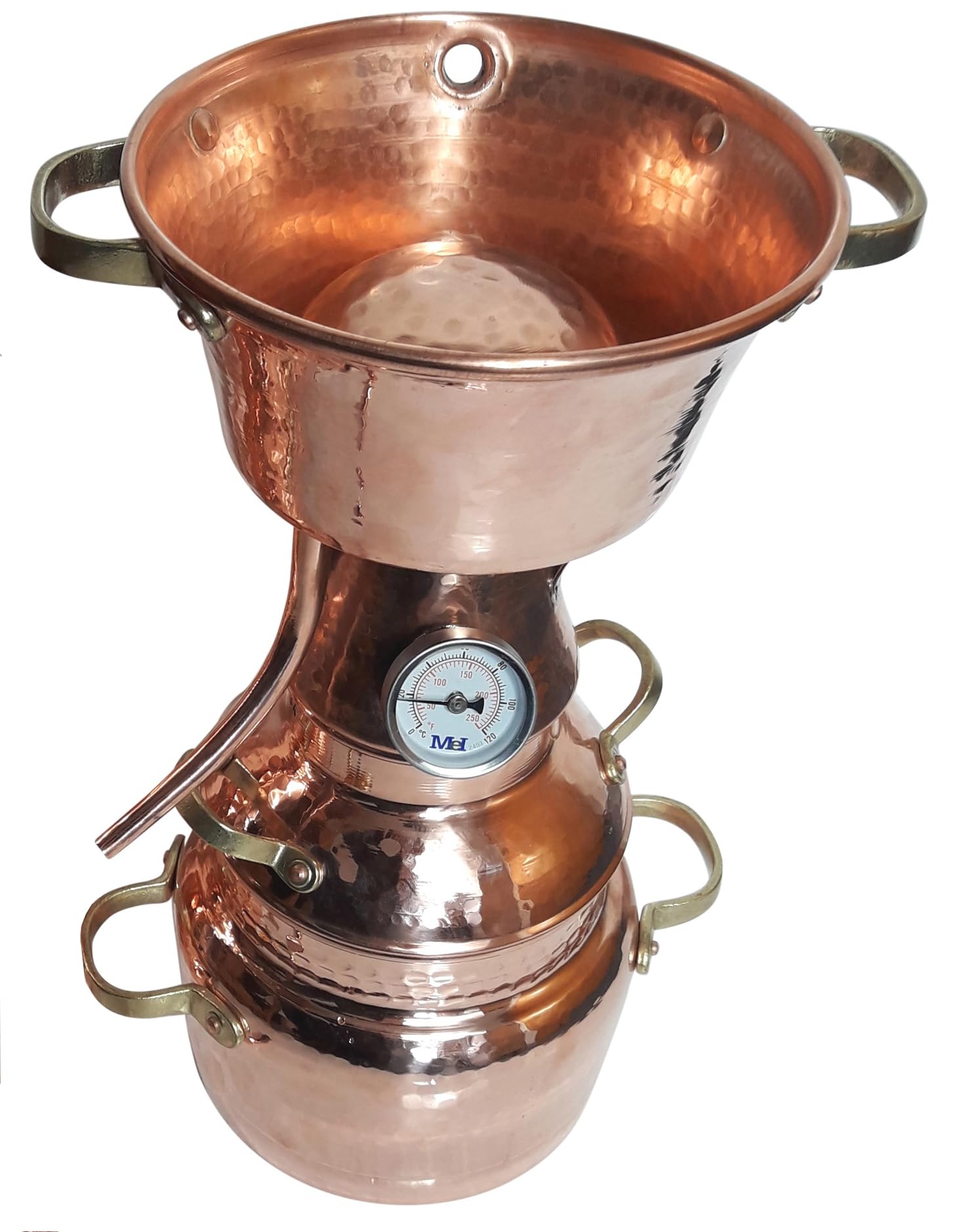 Destille Alquitara aus Kupfer 2 Liter mit Thermometer - Modell mit 3 Sieben (anmeldefrei) | Destillieranlage für ätherische Öle, Hydrolate (Pflanzenwasser), destilliertes Wasser
