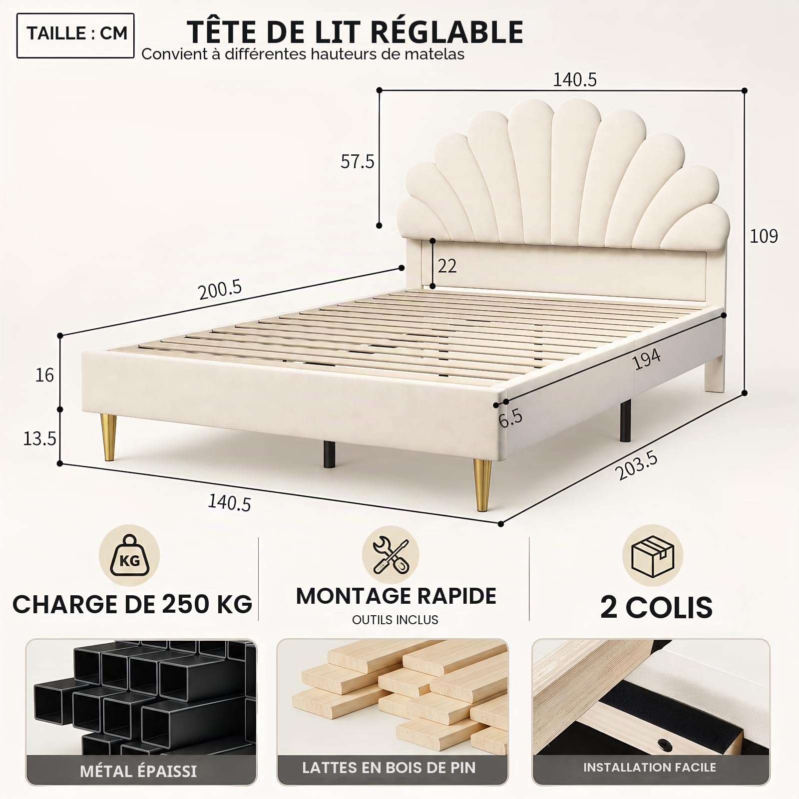 BRILVERDE Lit de Fille 140x200 cm, Lit Princesse avec tête de lit Fleurie, Cadre avec Sommier à Lattes, pour Filles, pour Enfants et Adolescents, Velours (Beige, 140 x 200 cm)