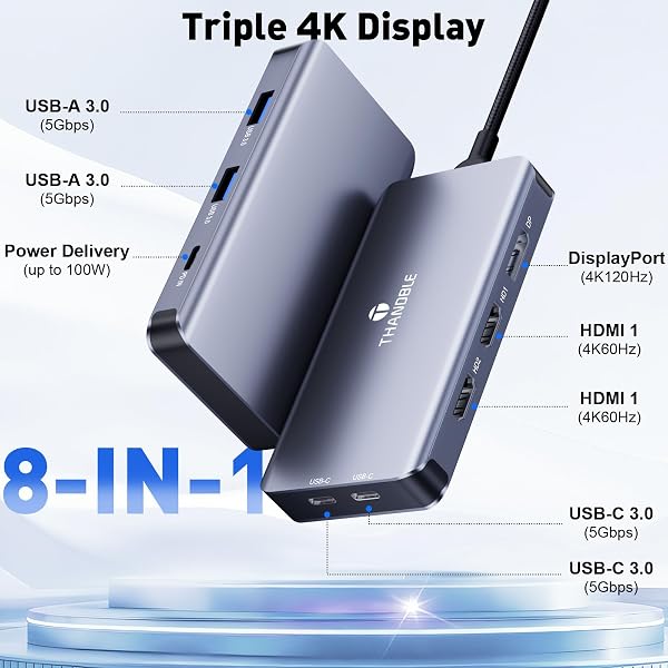 THANDBLE USB C Docking Station Dual Monitor, Laptop Docking Station 3 Monitor, USB C Hub Dual 4K@60Hz HDMI Display with DisplayPort Port, 5Gbps USB-A/C Data Port, 100W PD, for HP/Dell/Lenovo/Laptop - 2