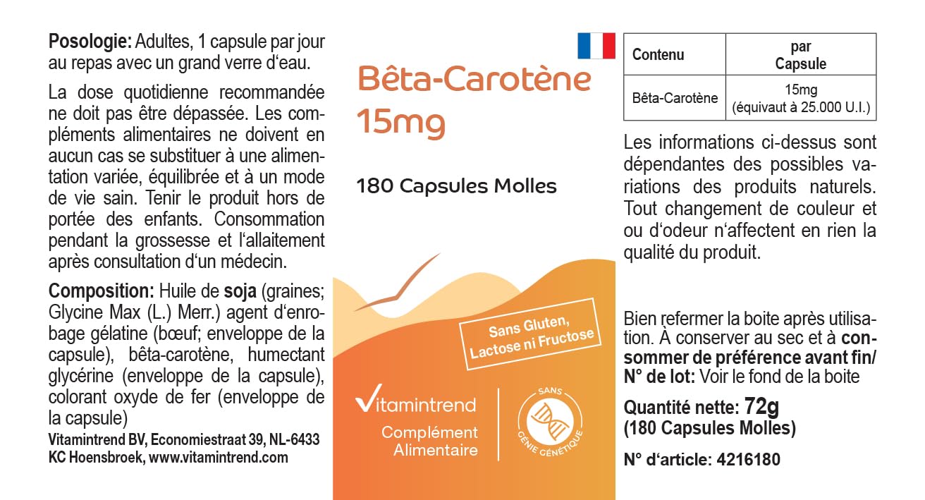 Vitamintrend Beta-karoten 15mg, 180 kapsułek po 15mg (odpowiada 25 000 j.m.), wysoka dawka, bez stearynianu magnezu, wyprodukowane w Niemczech.