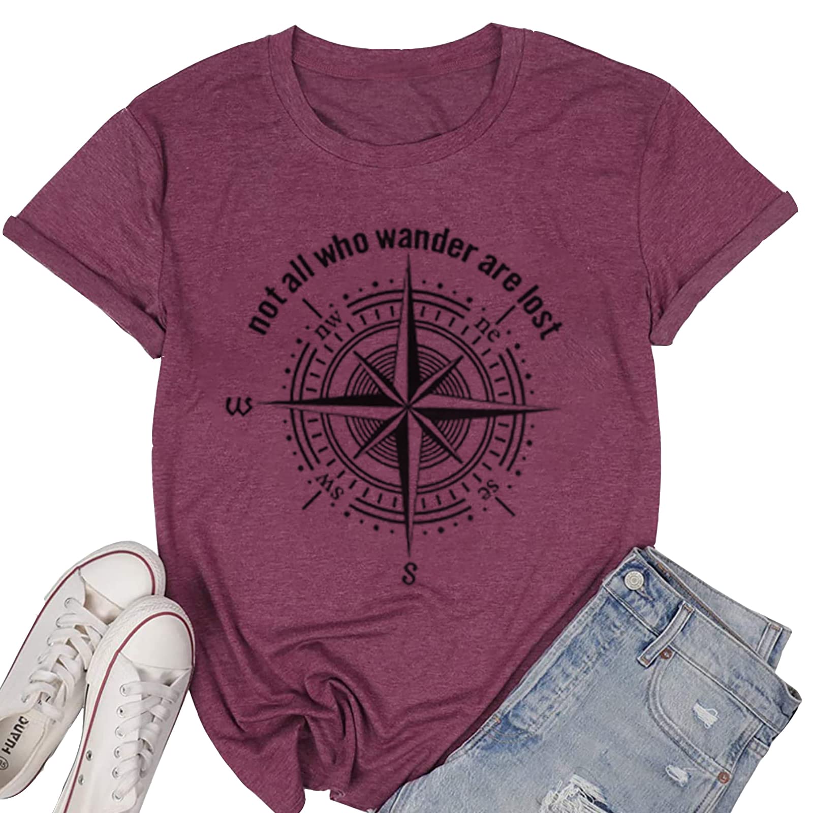 Womens Graphic T-Shirt Not All Who Wander are Lost Funny Tees for Women Summer Casual Tops Athletic Shirts