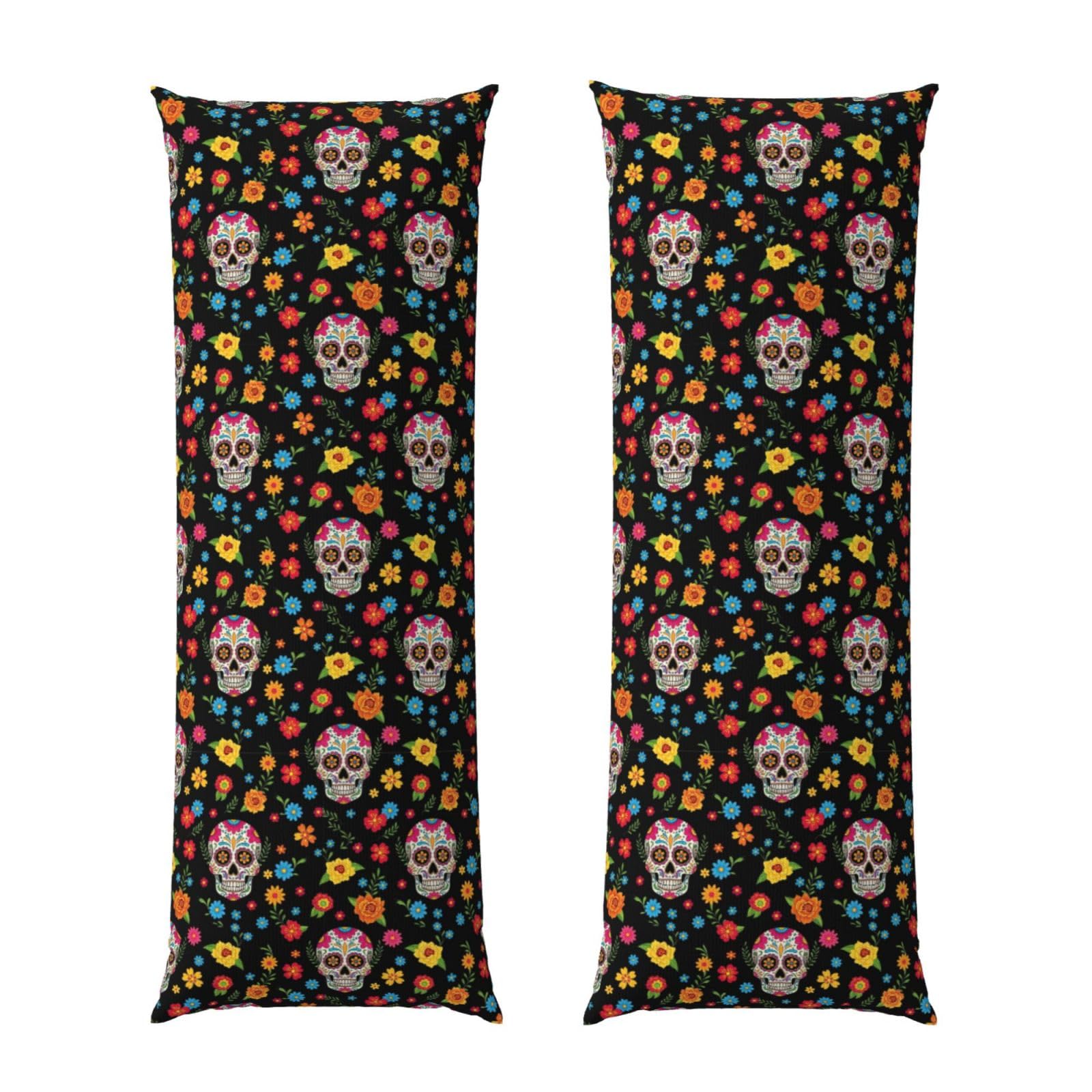 Body Pillow Cover 20x54, Mexican Sugar Skulls Mexico Day of The Dead Flowers, Decorative Zippered Pillowcase, Soft Cozy Flannel Fabric, Cushion Case for Couch Sofa Bedroom Home Decor