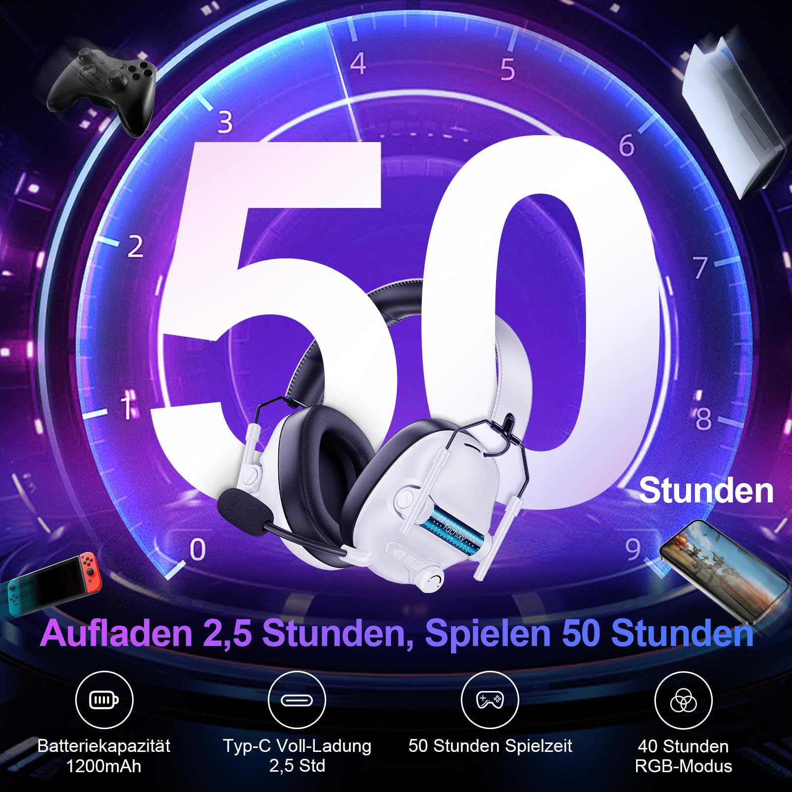 FC400 Wireless Gaming Headset, 2.4GHz Gaming Kopfhörer Kabellos mit Mikrofon für PS5, PS4, PC, Switch, Bluetooth 5.4 Gaming Headset, Geringe Latenz Noise Cancelling, mit LED Licht, 50H Akkulaufzeit