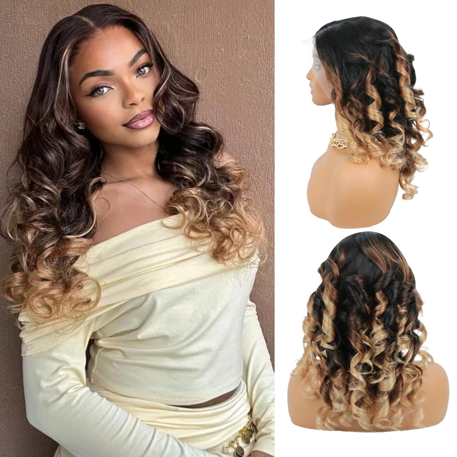 SIYUSI 30 Inch Honey Blonde Ombre Lace Front Wig Human Hair 180 Density 13x6 Loose Wave Lace Front Wigs Human Hair Pre Plucked HD Lace Front Wig with Natural Hairline 4/30/27 Colored