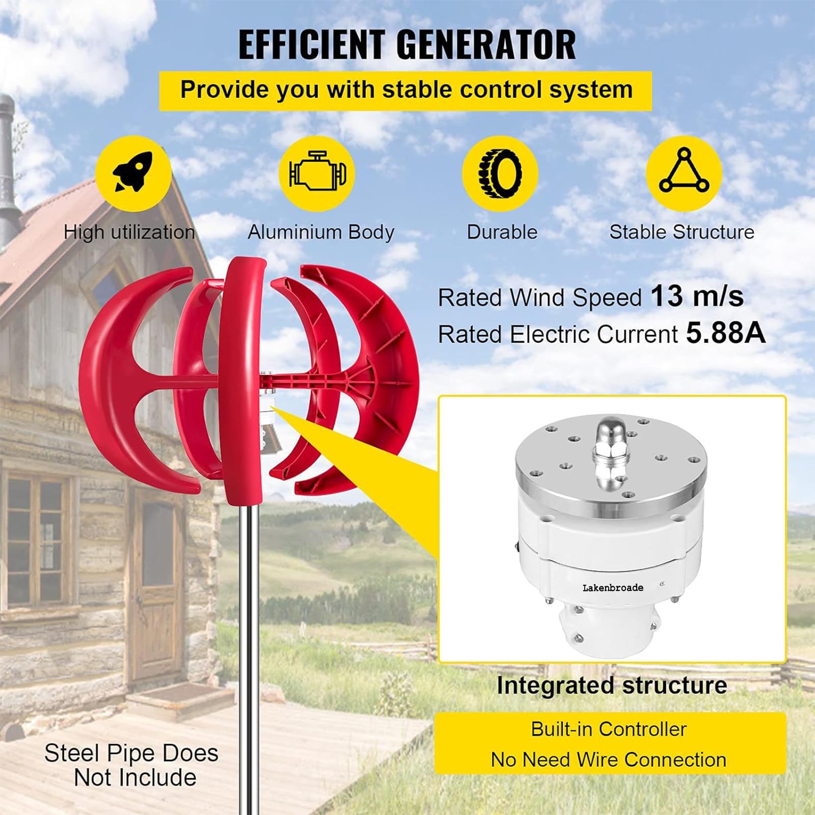 Turbine eoliche da 15000 W/20000 W, generatore Eolico da 12 V/24 V, Motore Eolico per Barche da Giardino Verticale con Controller e Controller per energia Solare eolica Ibrida,20000W-12V