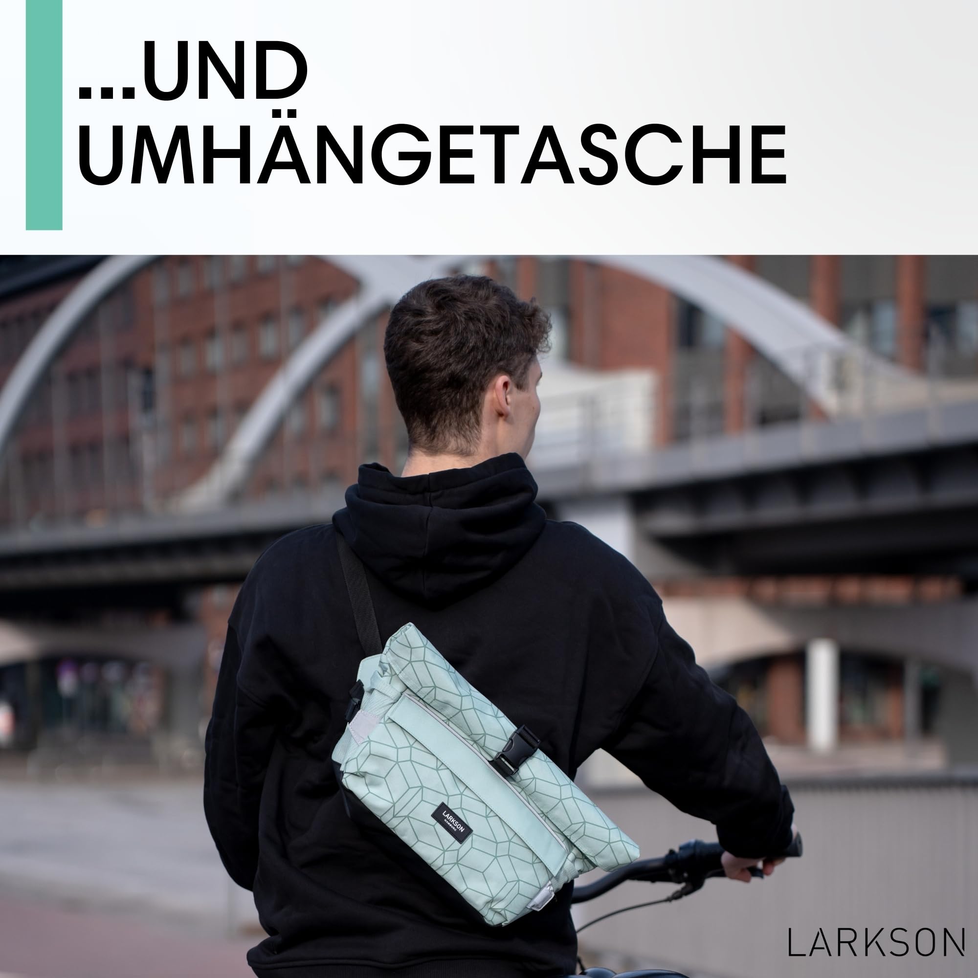 LARKSON Lenkertasche Fahrrad Grün - Lasse - 2 in 1 Fahrradtasche & Umhängetasche - Bikepacking Tasche für Lenker Vorne mit Reflektion - Wasserabweisend