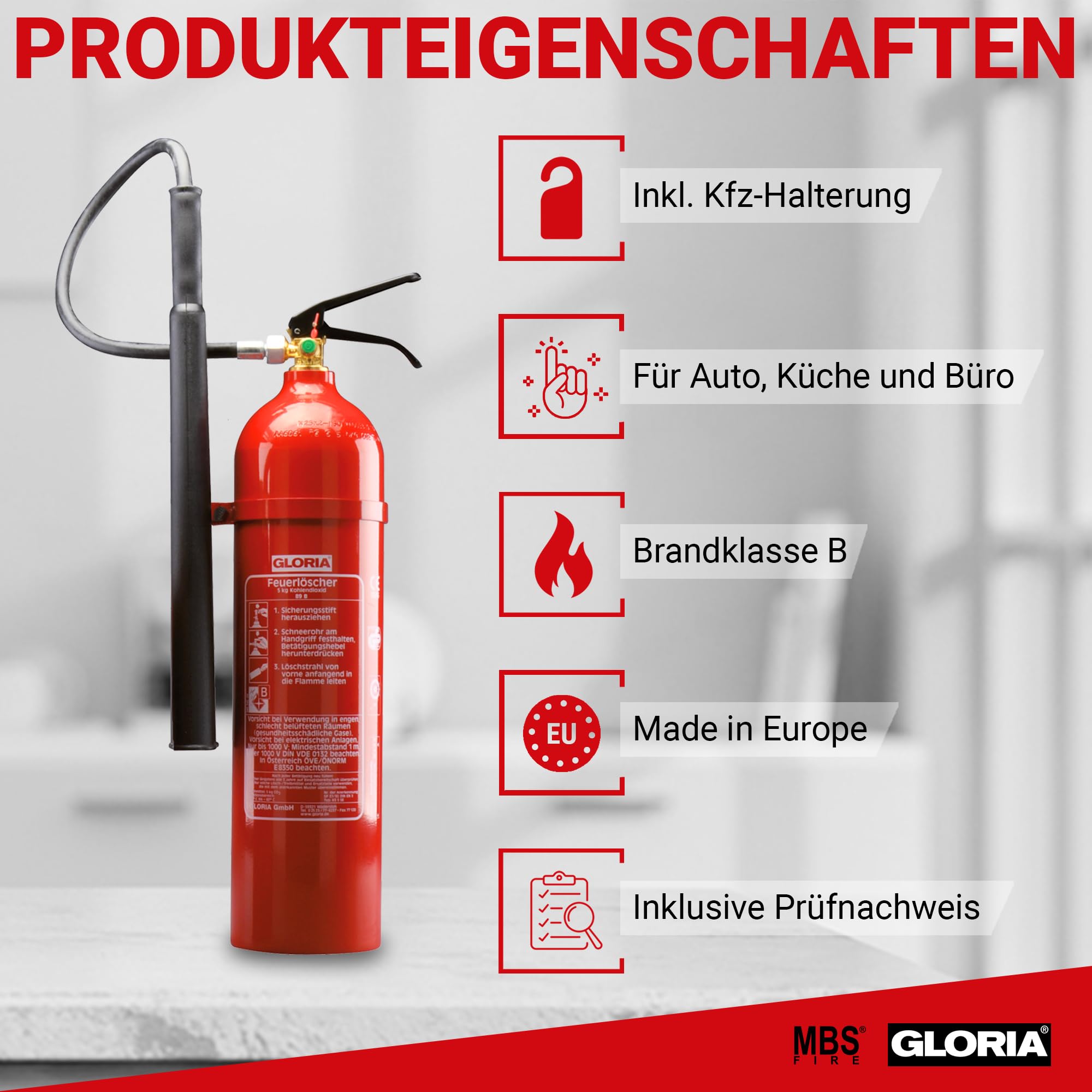 Gloria - 5 kg CO2 Feuerlöscher - KS 5 ST - Kohlendioxidlöscher - f. elektrischen Anlagen u. EDV - inkl. Wandhalterung - mit aktuellem Prüfnachweis