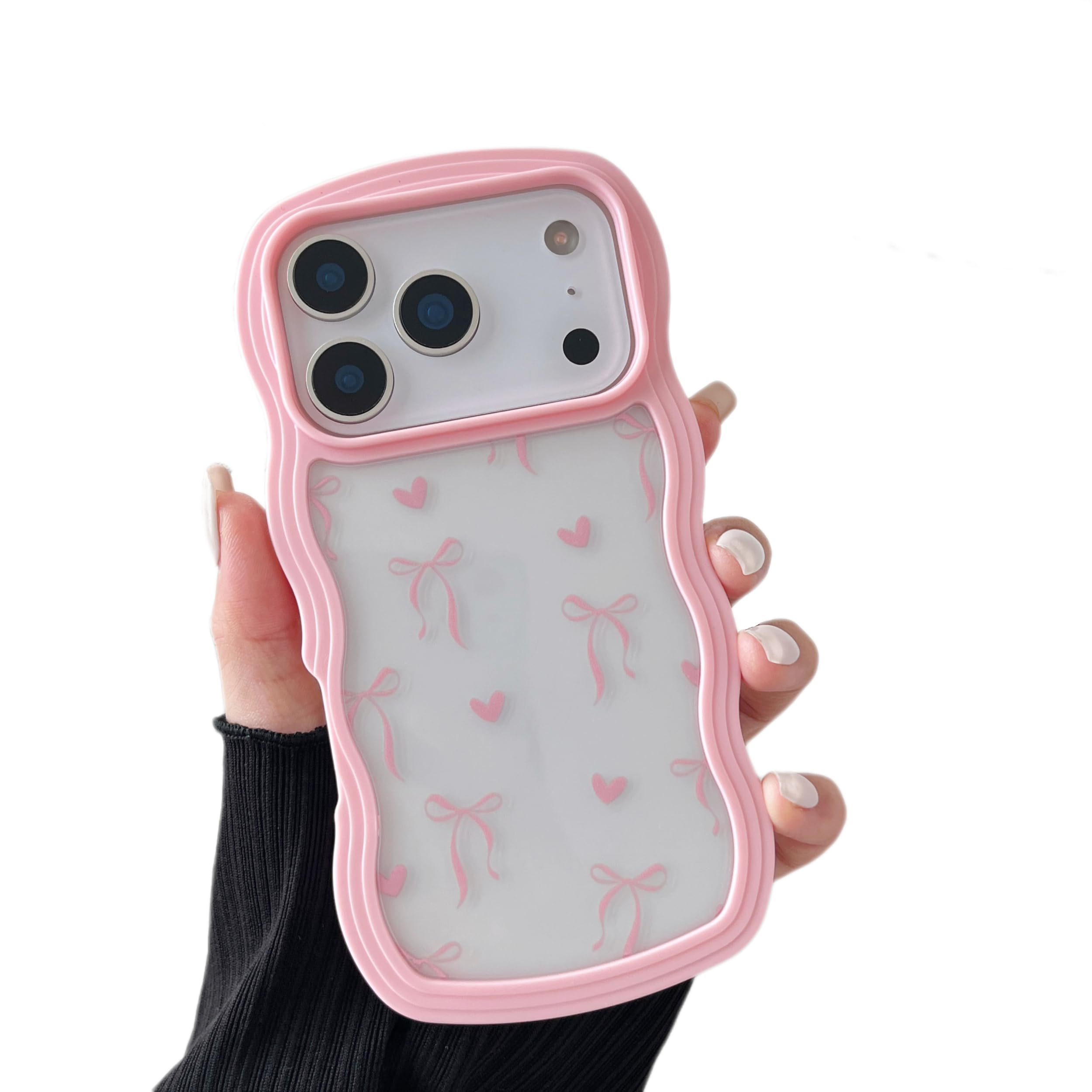 ZTOFERA for iPhone 17 Pro Max Case 6.9 inch,Cute Curly Wave Frame Shape Case with Heart Ribbon Bow Pattern, Clear Slim Shockproof Hard PC Bumper Phone Cover for Women Girls, Pink