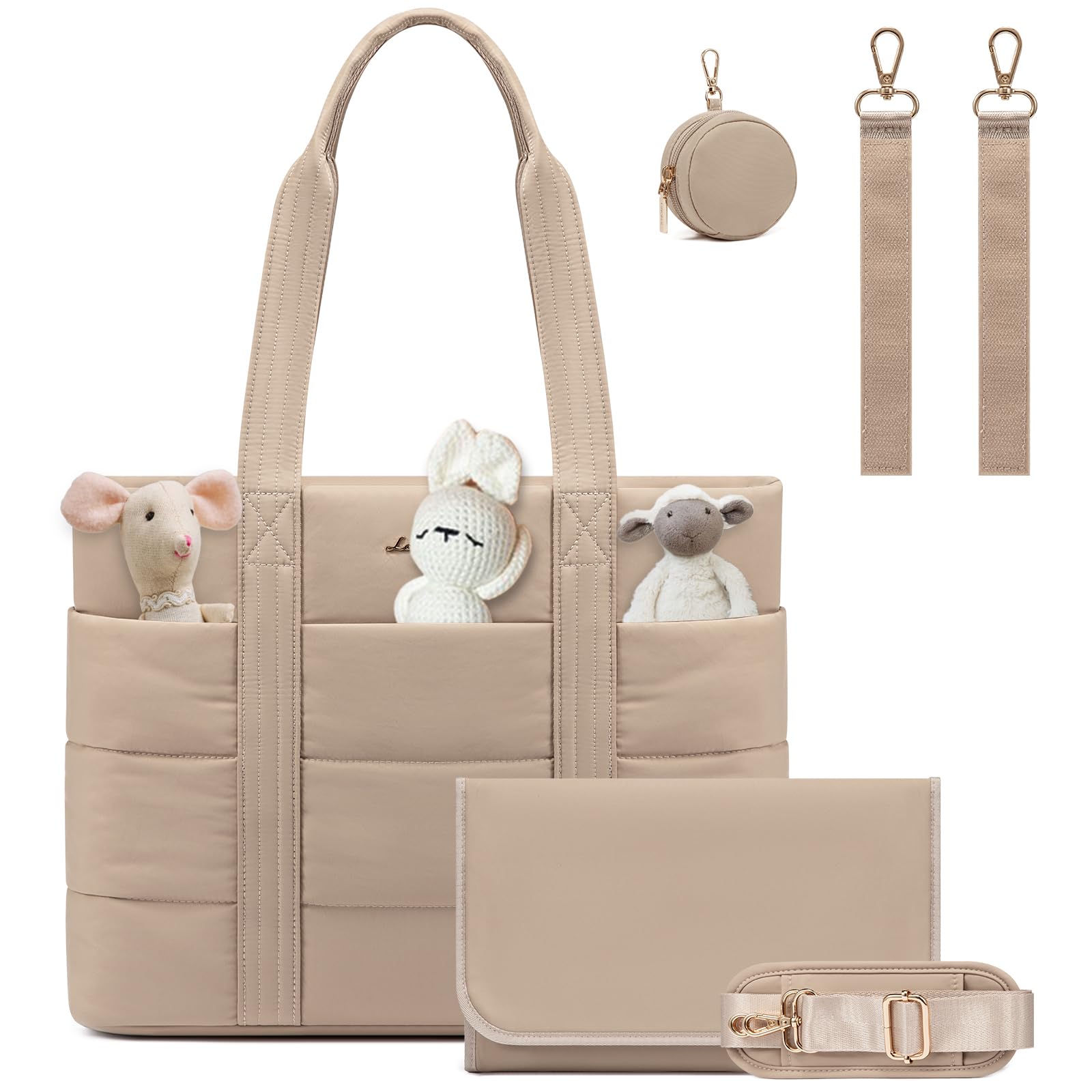 LOVEVOOK Diaper Bag Tote, Puffer Baby Diaper Bag with Insulated Pocket,15.6inch Travel Diaper Tote with Pacifier Case and Changing Pad