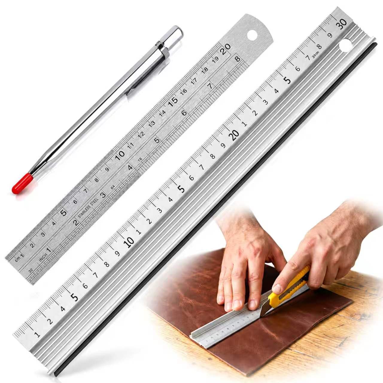 Aluminium Metal Ruler, 30cm Stainless Steel Ruler Set with Dual Metric Imperial Graduations Metal Safety Rulers Straight Edge Tool with Marking Pen for DIY Craft Precision Measurement