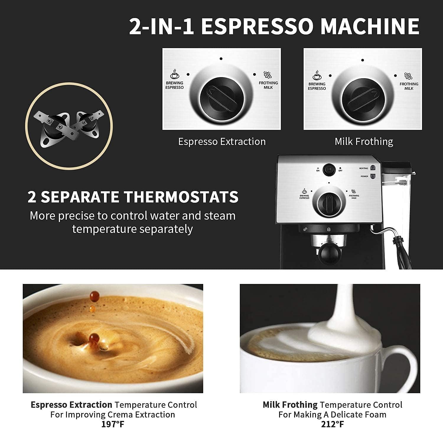 Gevi 2-in-1 Coffee Maker highlighting its advanced thermoblock fast heating system, 15 bar pressure, Italian ODM pump, and 1350W power.
