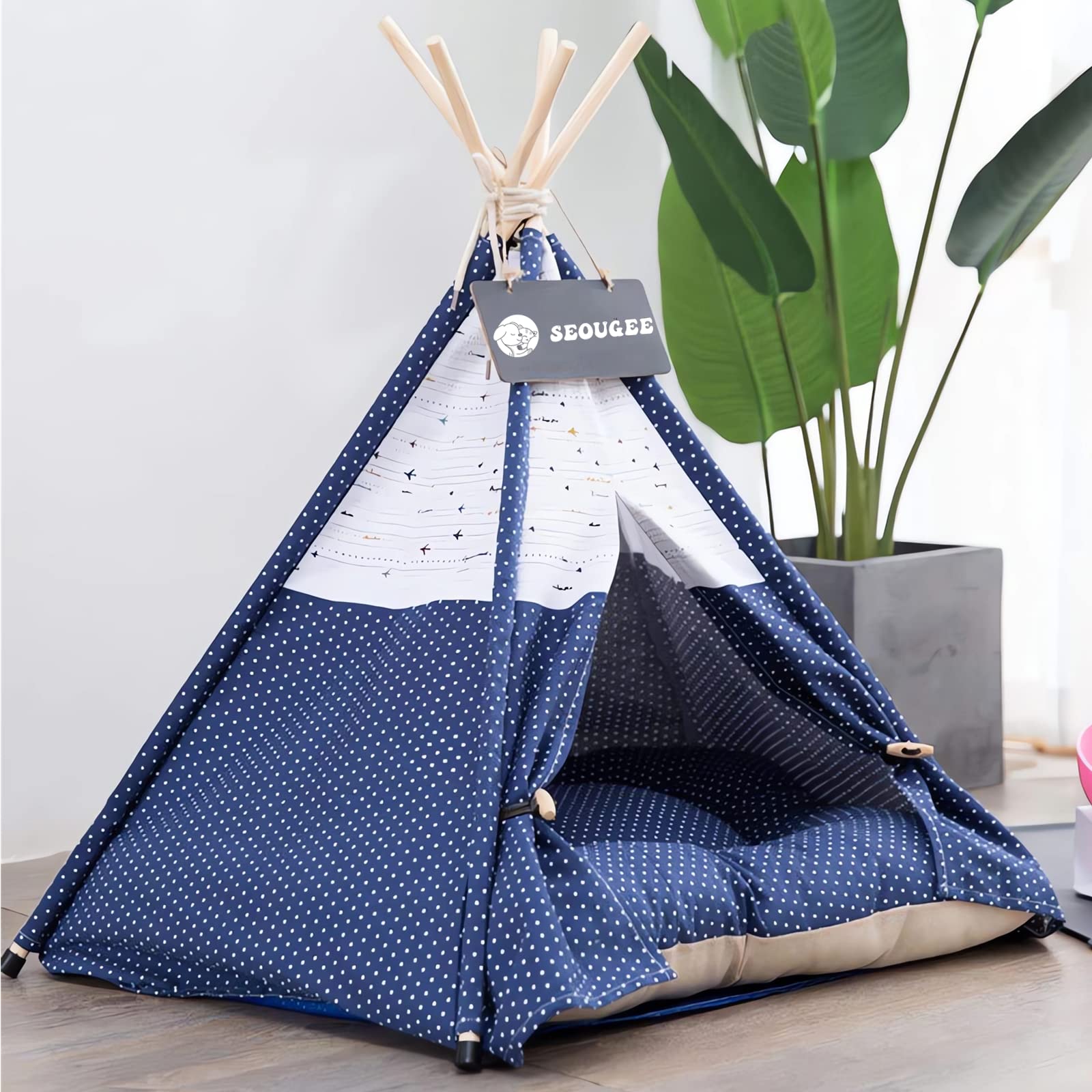 SEOUGEE Tienda de campaña para perros y gatos, lavable y extraíble, lona de algodón, cama para perros y gatos, con cojín, interior y exterior, caseta para mascotas y casa de juegos, portátil y