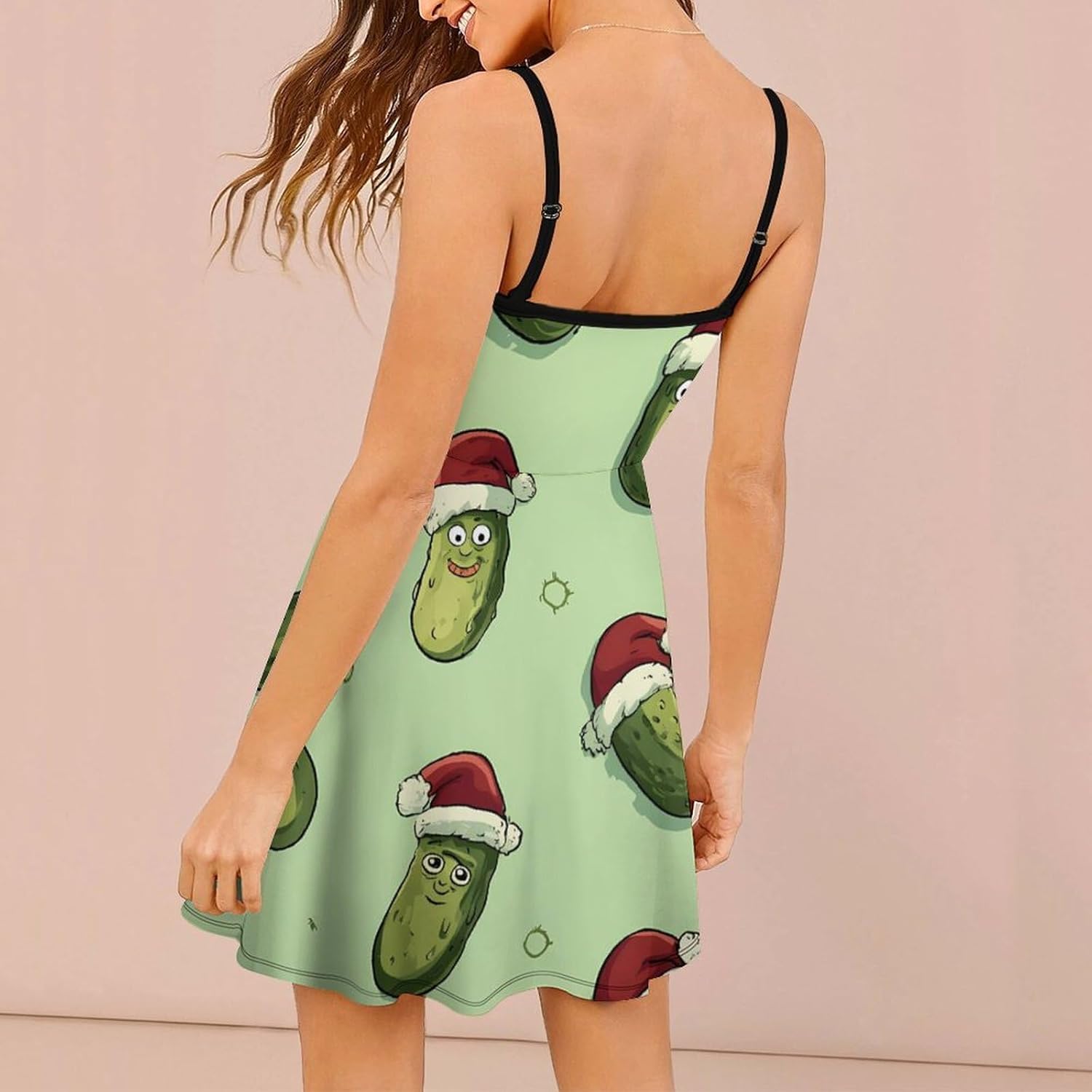 Christmas Pickles Short Cami Dress for Women Adjustable Spaghetti Strap Flowy Sundress Beach Vacation