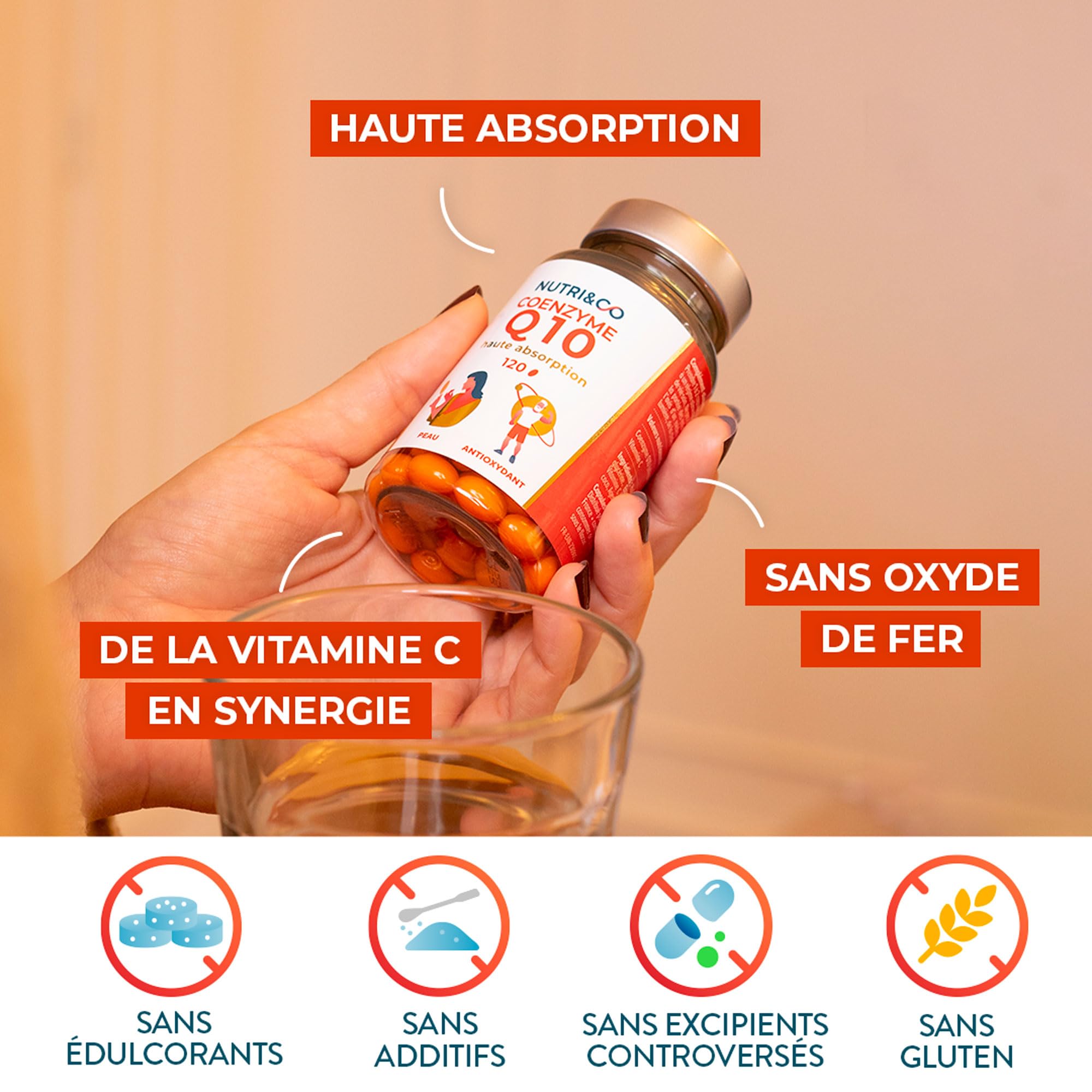 NUTRI & CO Coenzyme Q10 Ubiquinone 200mg + Vitamine C - Complément Alimentaire Peau Anti-Âge et Anti-Rides - Santé Cardiovasculaire - 120 Capsules Haute Absorption - Conditionné en France