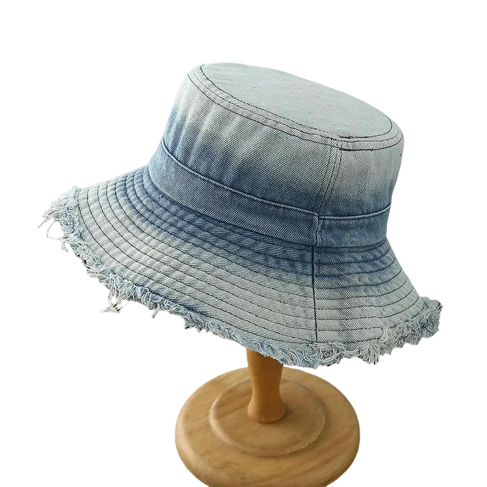 Kapelusz typu bucket Gradient Distressed Denim Hat, Outdoor Travel Fisherman Style With Frayed Edge