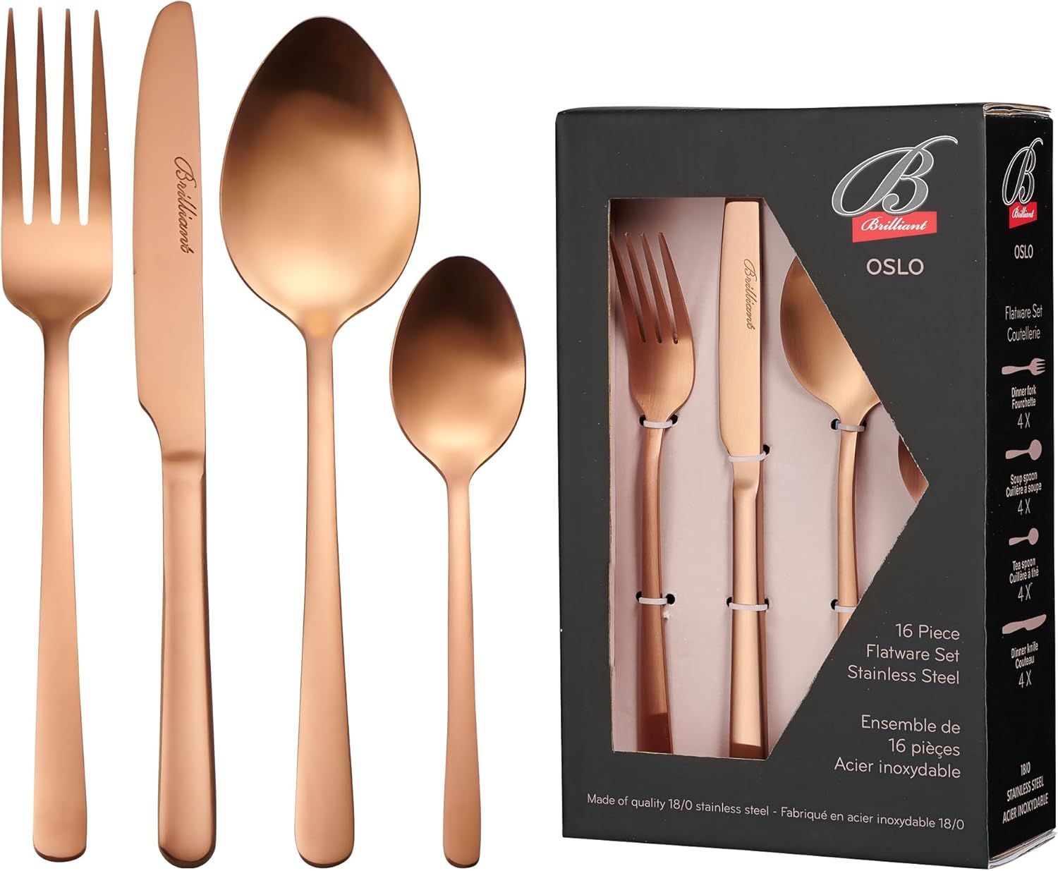 B BRILLIANT 16 Piece Stainless Steel Silverware Set Gold - Flatware Cutlery Set - Utensil Sets with 4 Forks, 4 Knives, 4 Soup Spoons & 4 Dessert Spoons (Copper)