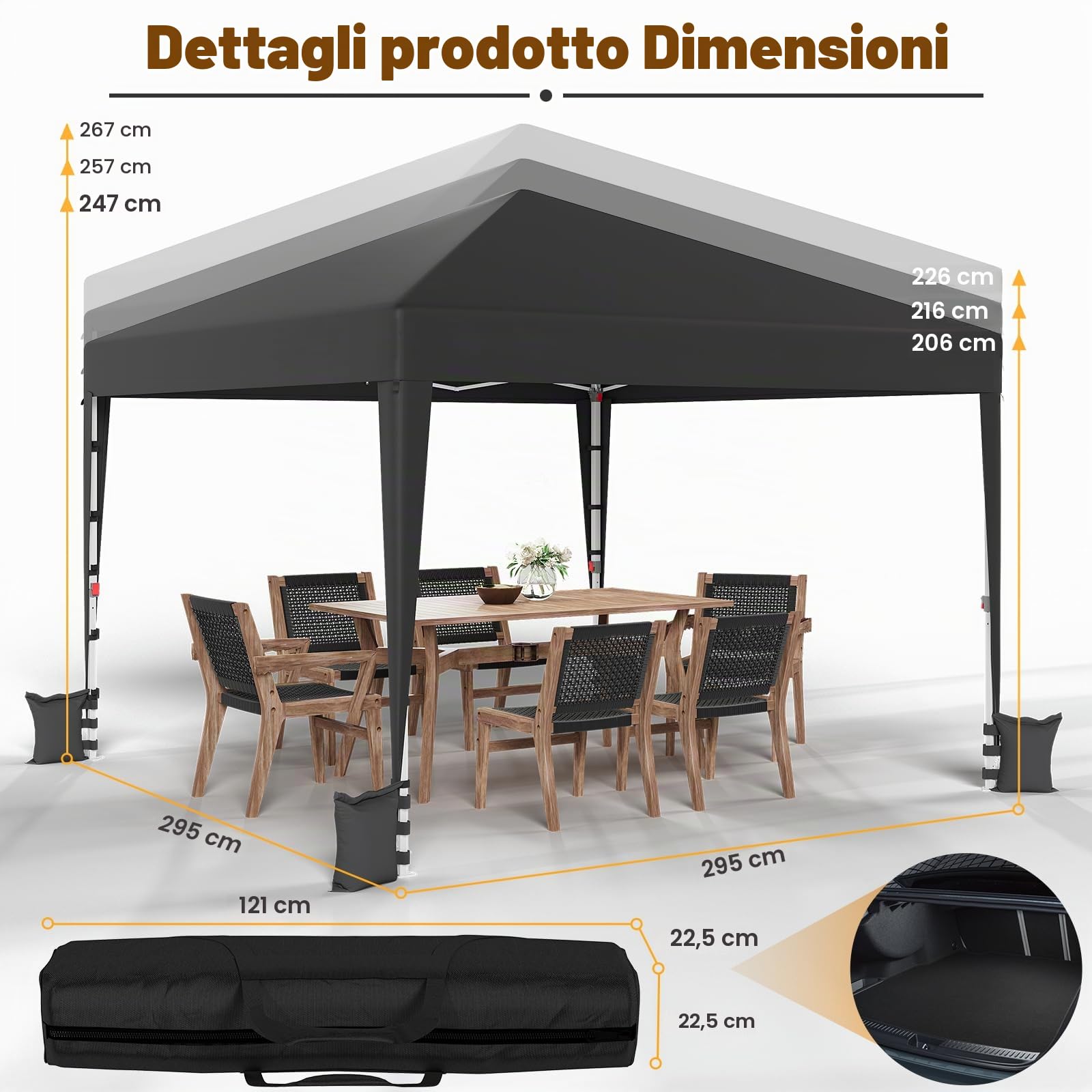 JUMMICO Gazebo Pieghevole 3x3 Piegatura e Riposizione Facili Protezione Anti-UV Altezza Regolabile Impermeabile e Stabile Ideale per Giardino, Campeggio, Feste e Altro Ancora Grigio